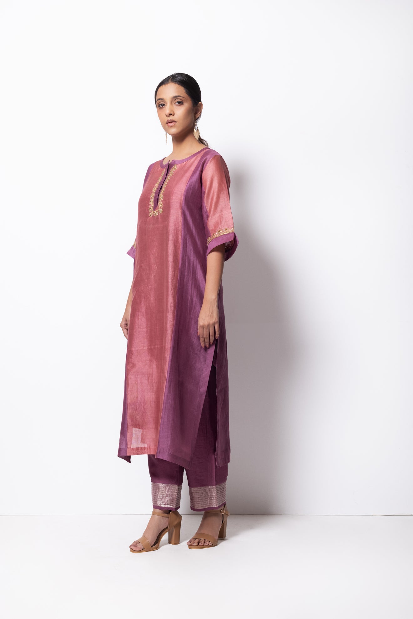 Plum Pink Chanderi Silk Panelled Kurta Set with Dupatta - CiceroniBhavik Shah