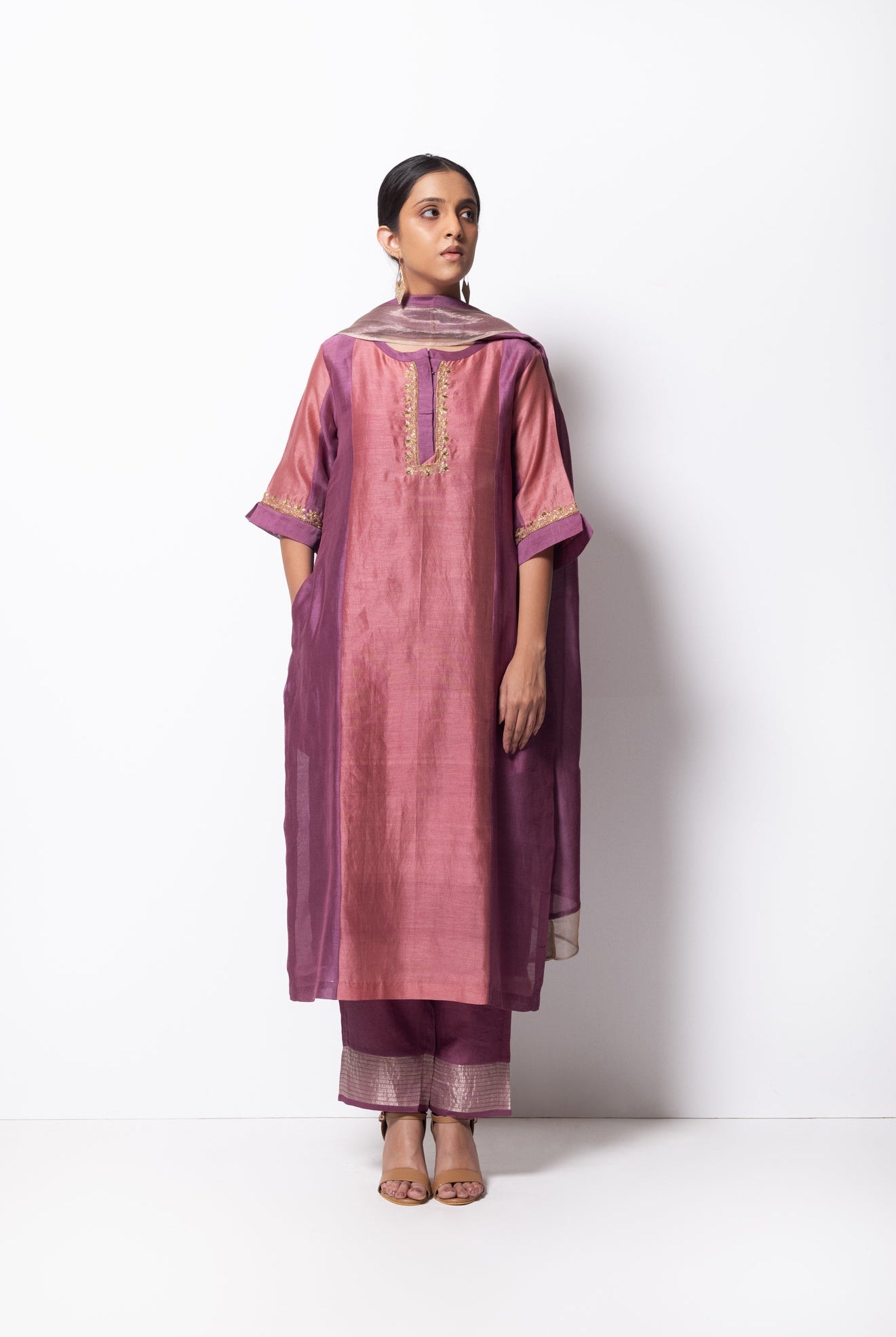 Plum Pink Chanderi Silk Panelled Kurta Set with Dupatta - CiceroniBhavik Shah