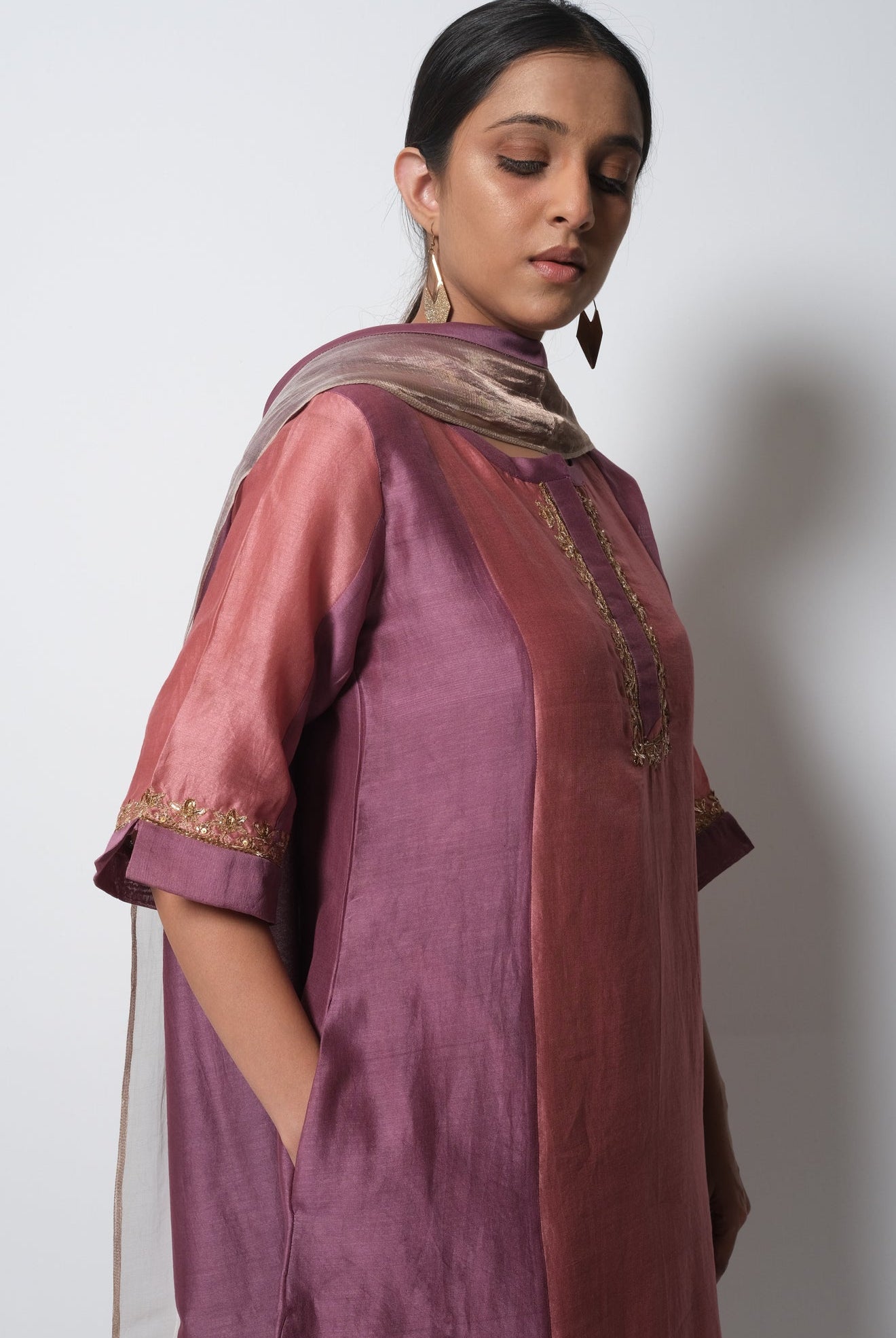Plum Pink Chanderi Silk Panelled Kurta Set with Dupatta - CiceroniBhavik Shah