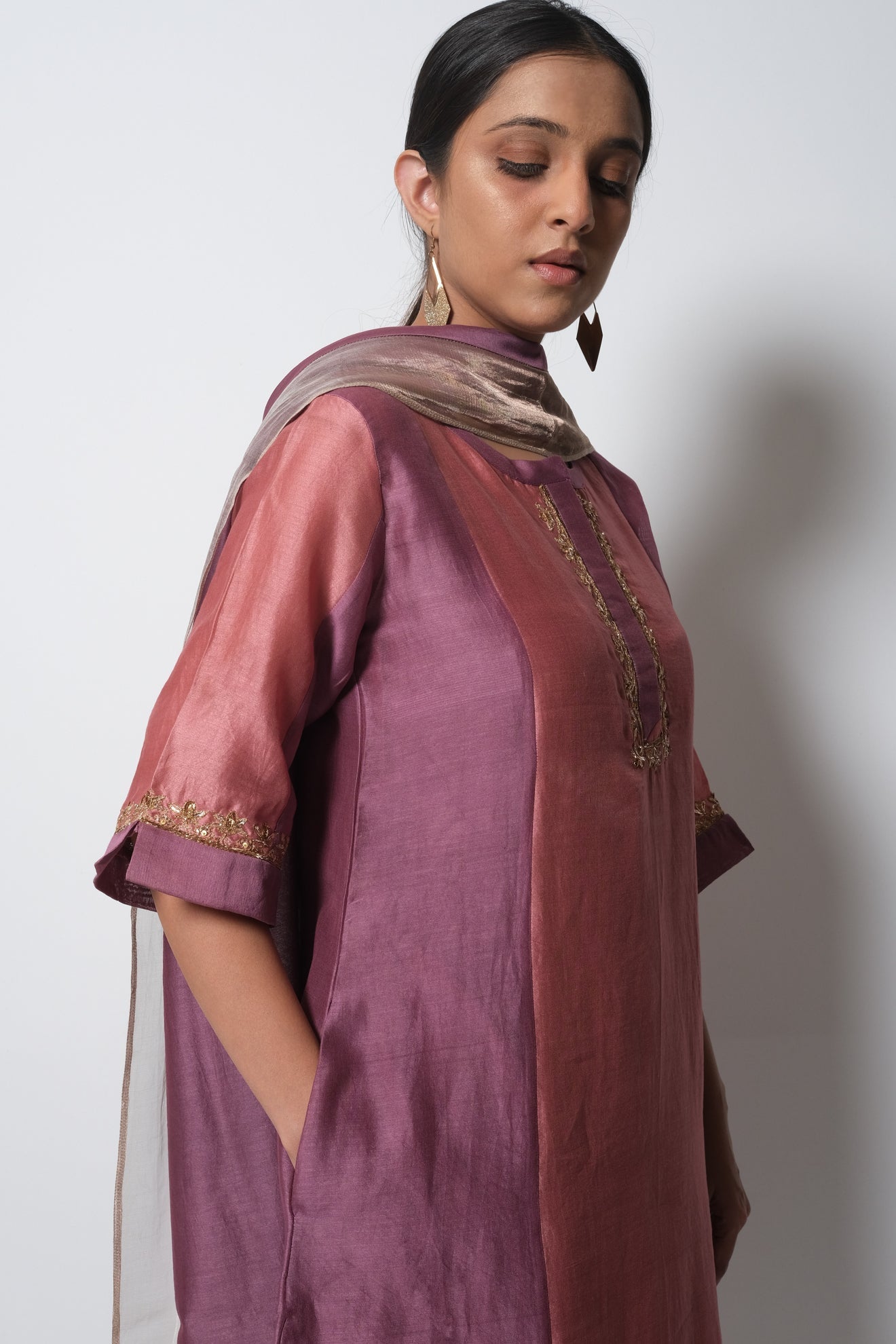 Plum Pink Chanderi Silk Panelled Kurta Set with Dupatta - CiceroniBhavik Shah