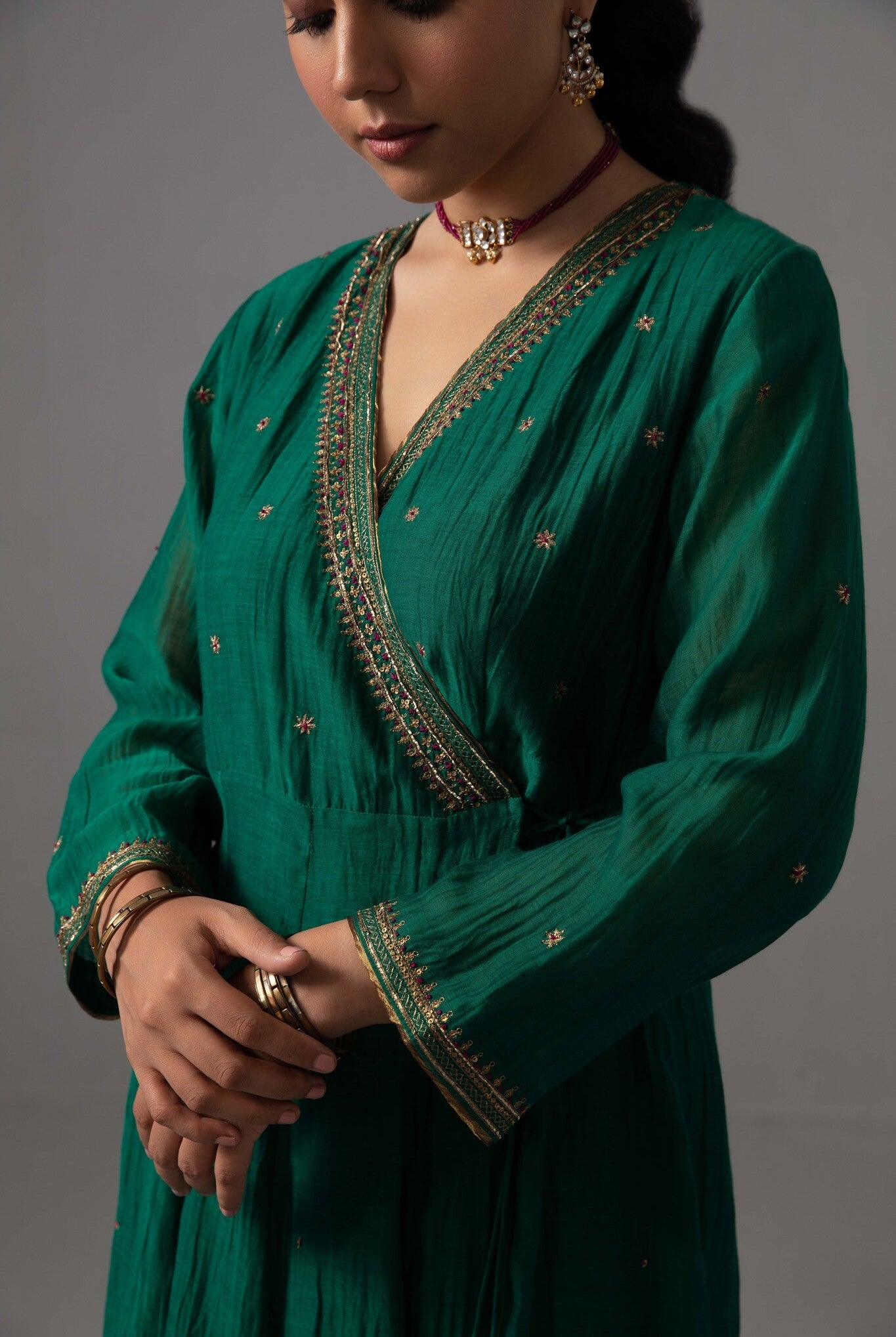 Raha Angrakha Set - Emerald Green - CiceroniKurta Set, Festive wearLabel Shreya Sharma