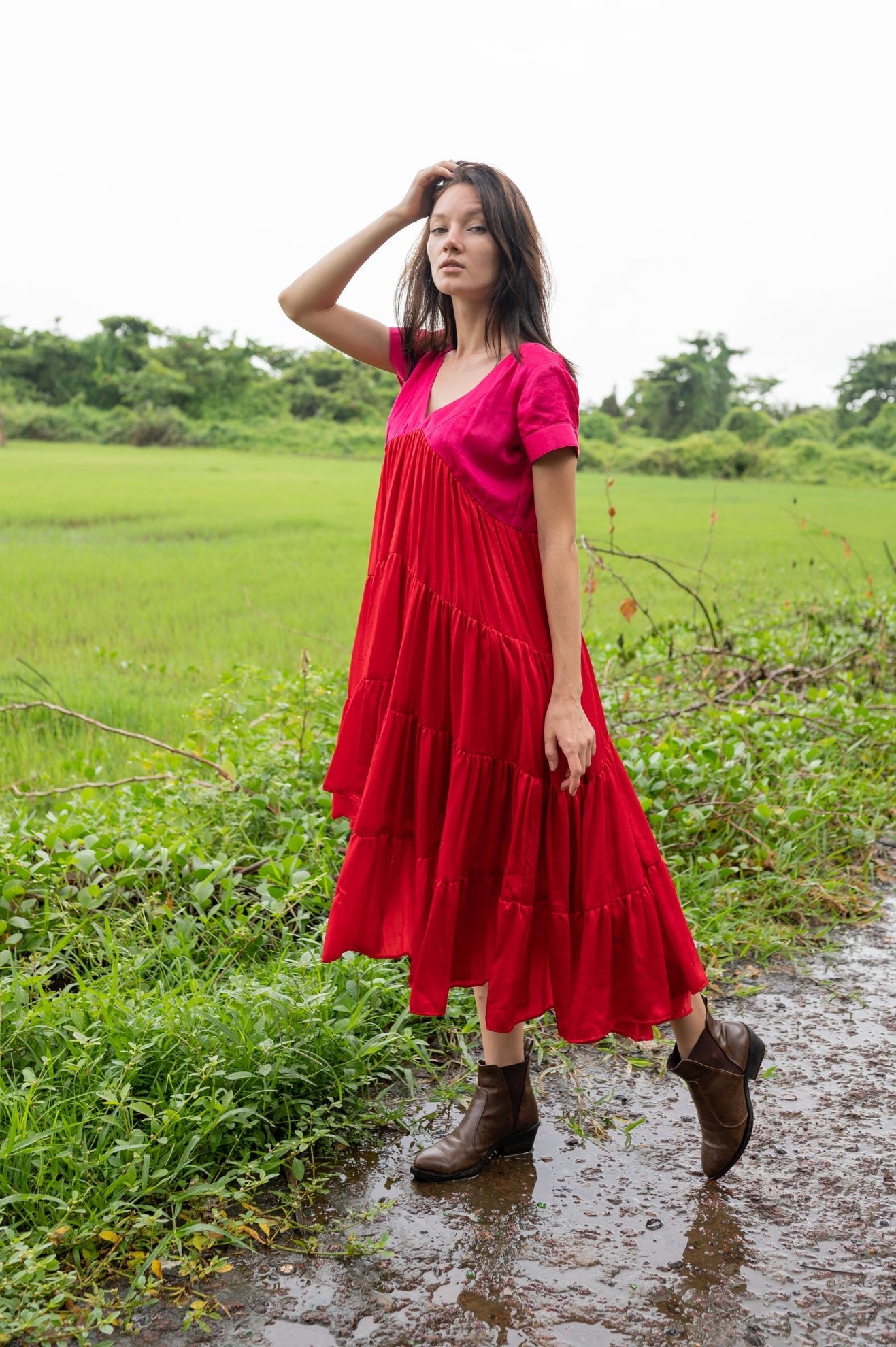 Red-Pink Mid Length Dress - CiceroniNeora