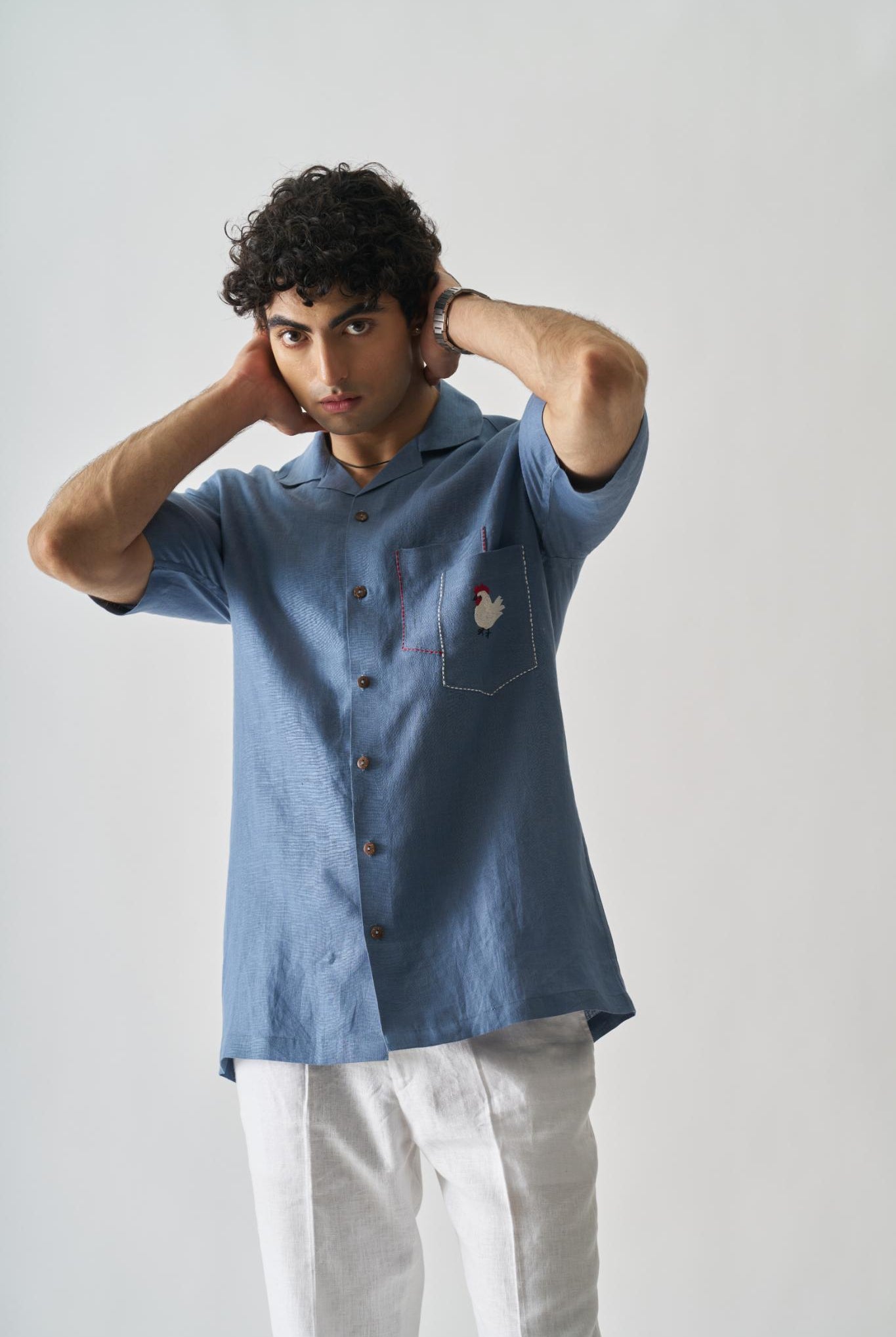 Rooster's Roost - Mens Hand Embroidered Pure Linen Shirt - CiceroniShirtsCultura Studio