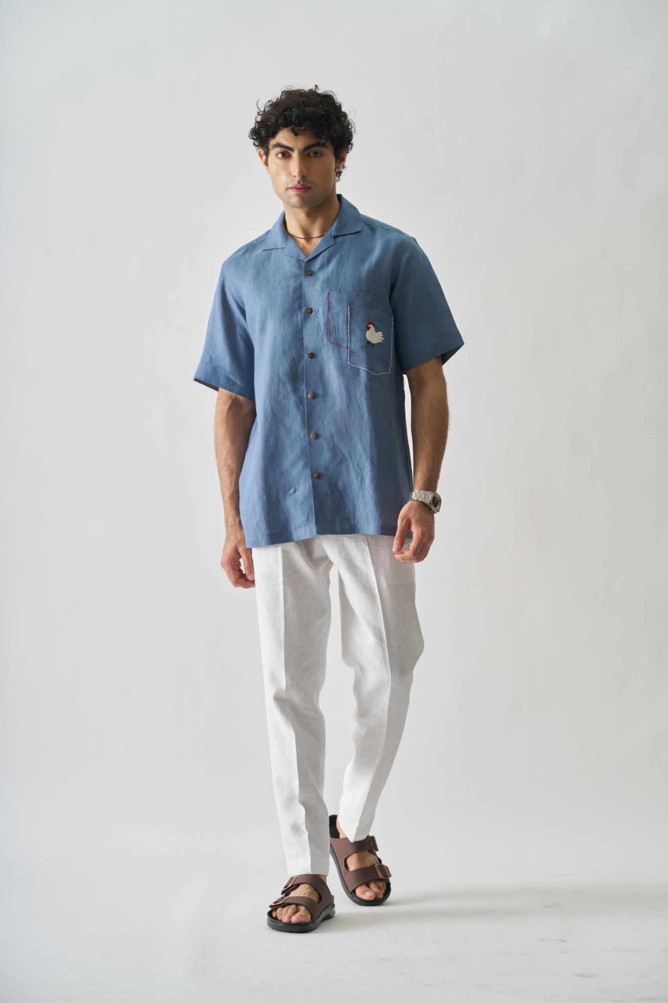 Rooster's Roost - Mens Hand Embroidered Pure Linen Shirt - CiceroniShirtsCultura Studio