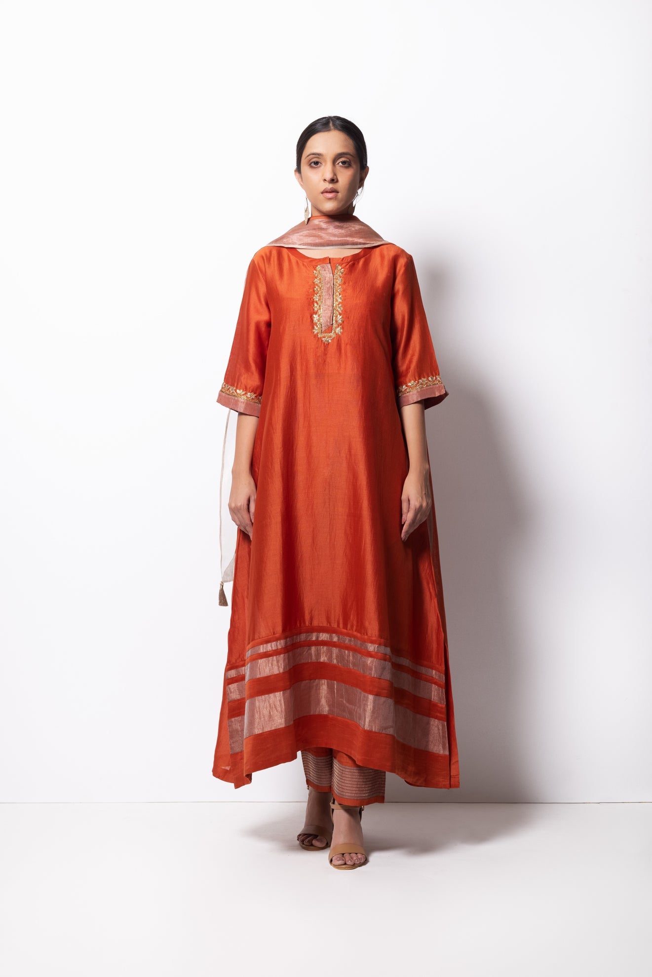 Rust Orange Chanderi Silk Kurta Set with Dupatta - CiceroniBhavik Shah