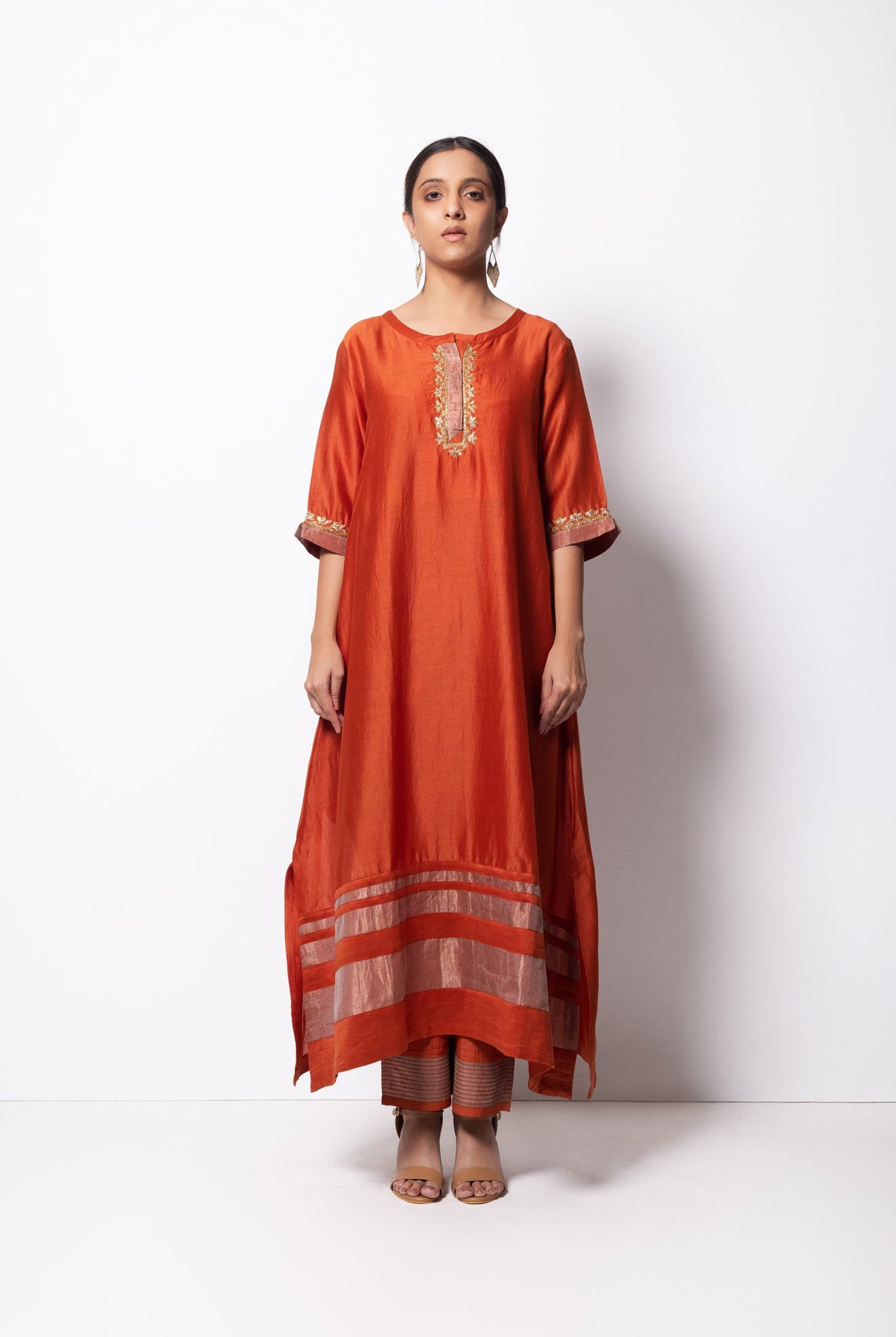 Rust Orange Chanderi Silk Kurta Set with Dupatta - CiceroniBhavik Shah
