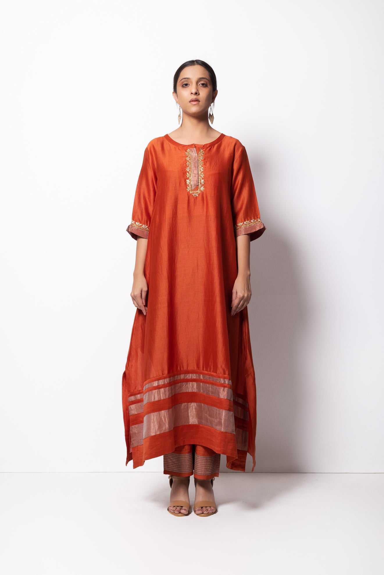 Rust Orange Chanderi Silk Kurta Set with Dupatta - CiceroniBhavik Shah