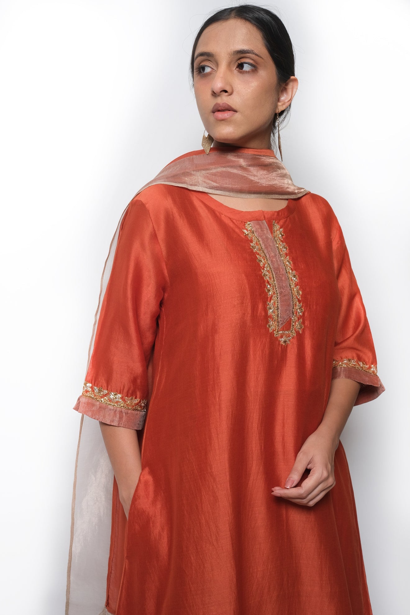 Rust Orange Chanderi Silk Kurta Set with Dupatta - CiceroniBhavik Shah