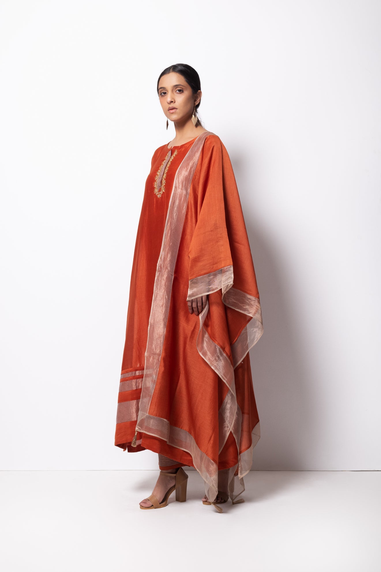 Rust Orange Chanderi Silk Kurta Set with Dupatta - CiceroniBhavik Shah