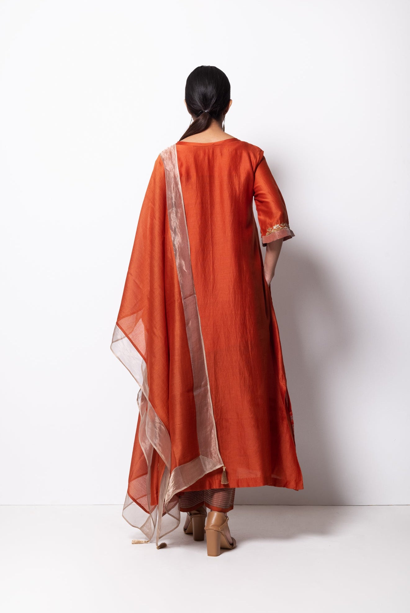 Rust Orange Chanderi Silk Kurta Set with Dupatta - CiceroniBhavik Shah