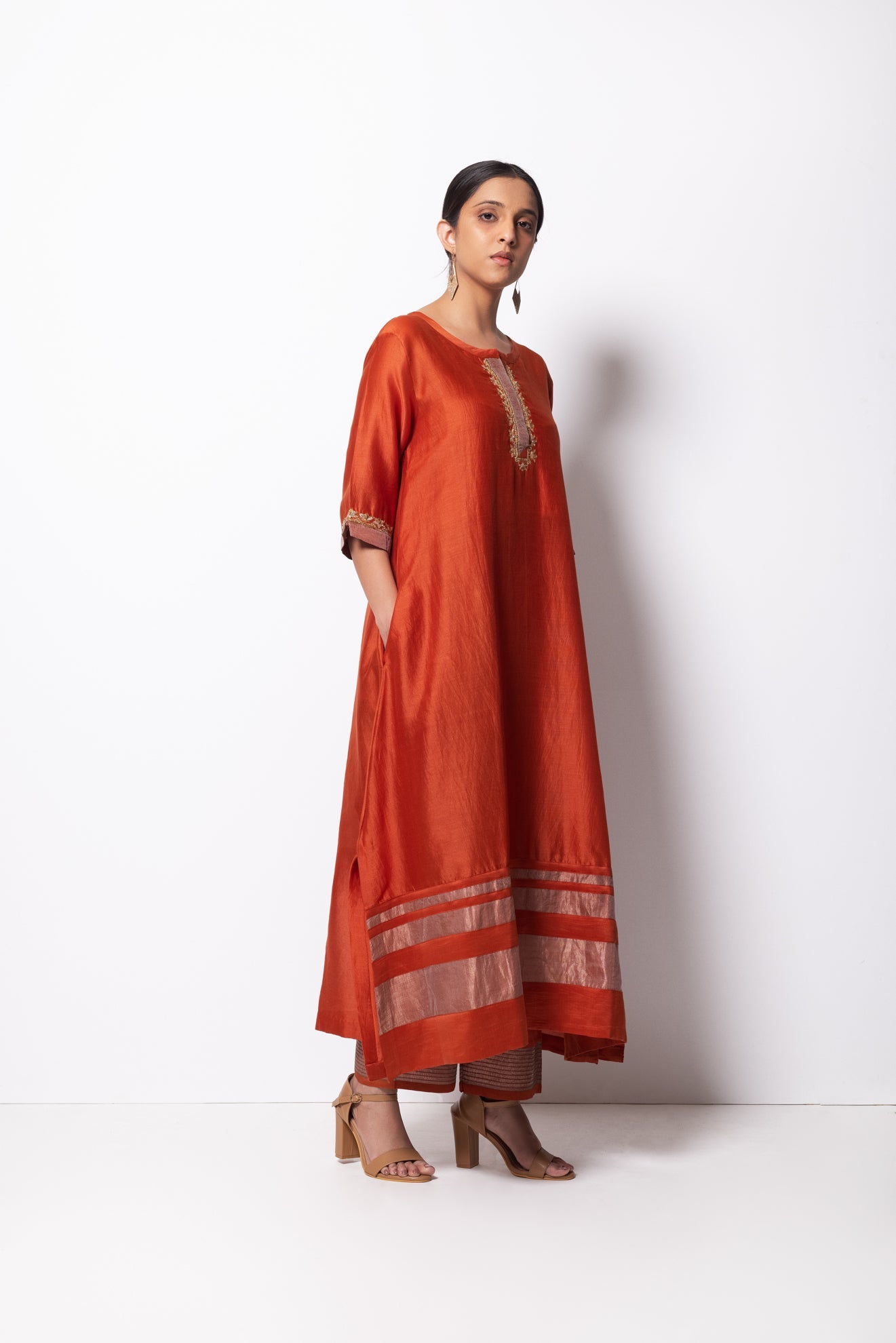 Rust Orange Chanderi Silk Kurta Set with Dupatta - CiceroniBhavik Shah