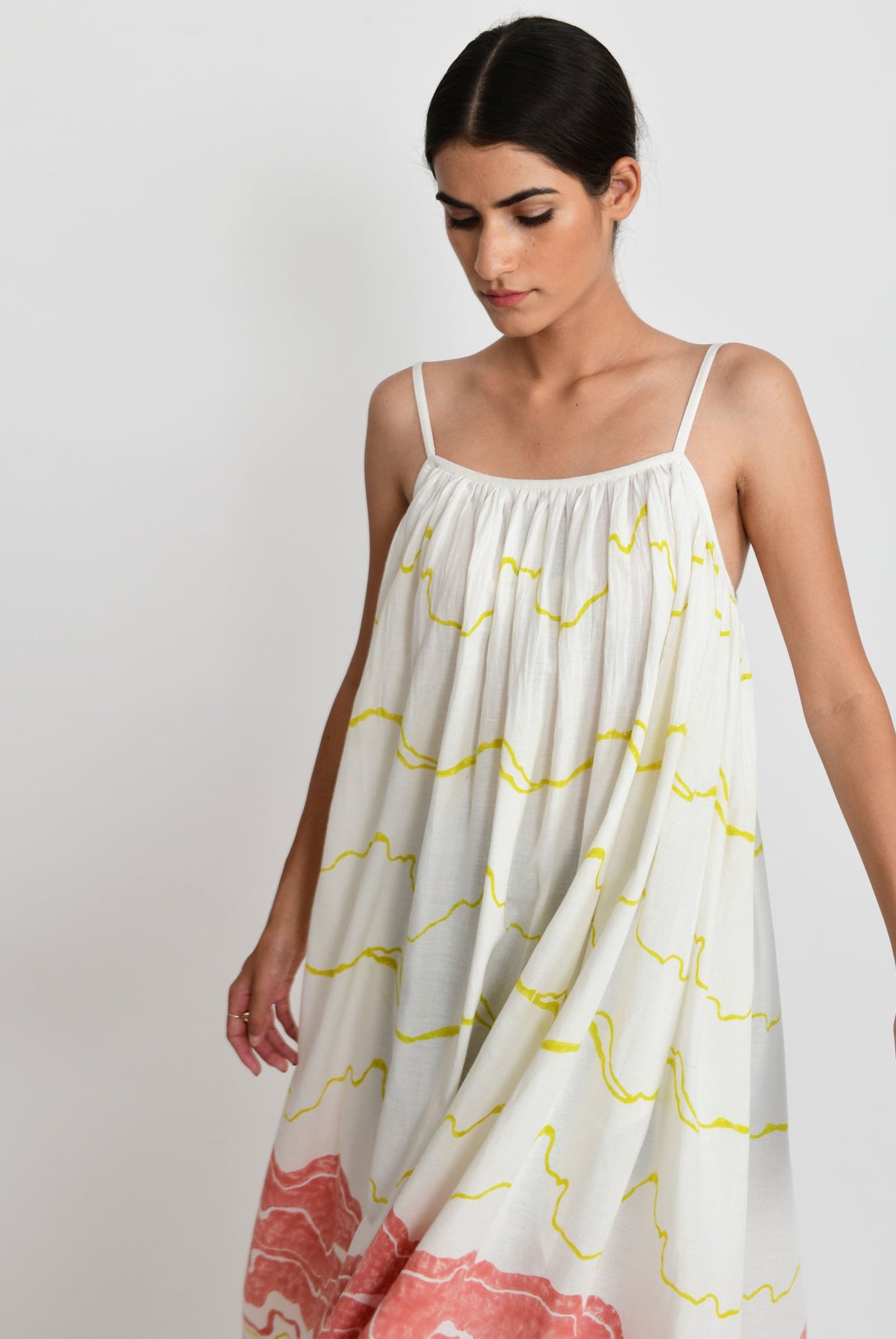 Salmon Gathered Midi Dress - CiceroniRias Jaipur