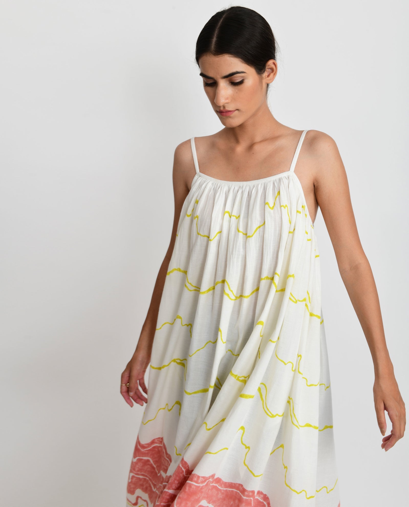 Salmon Gathered Midi Dress - CiceroniRias Jaipur