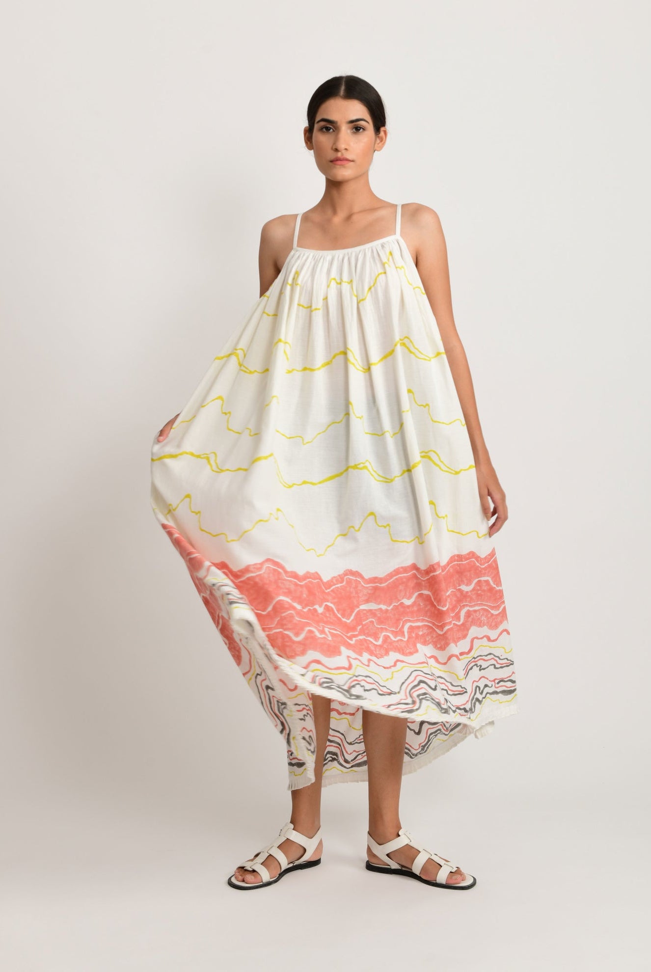 Salmon Gathered Midi Dress - CiceroniRias Jaipur