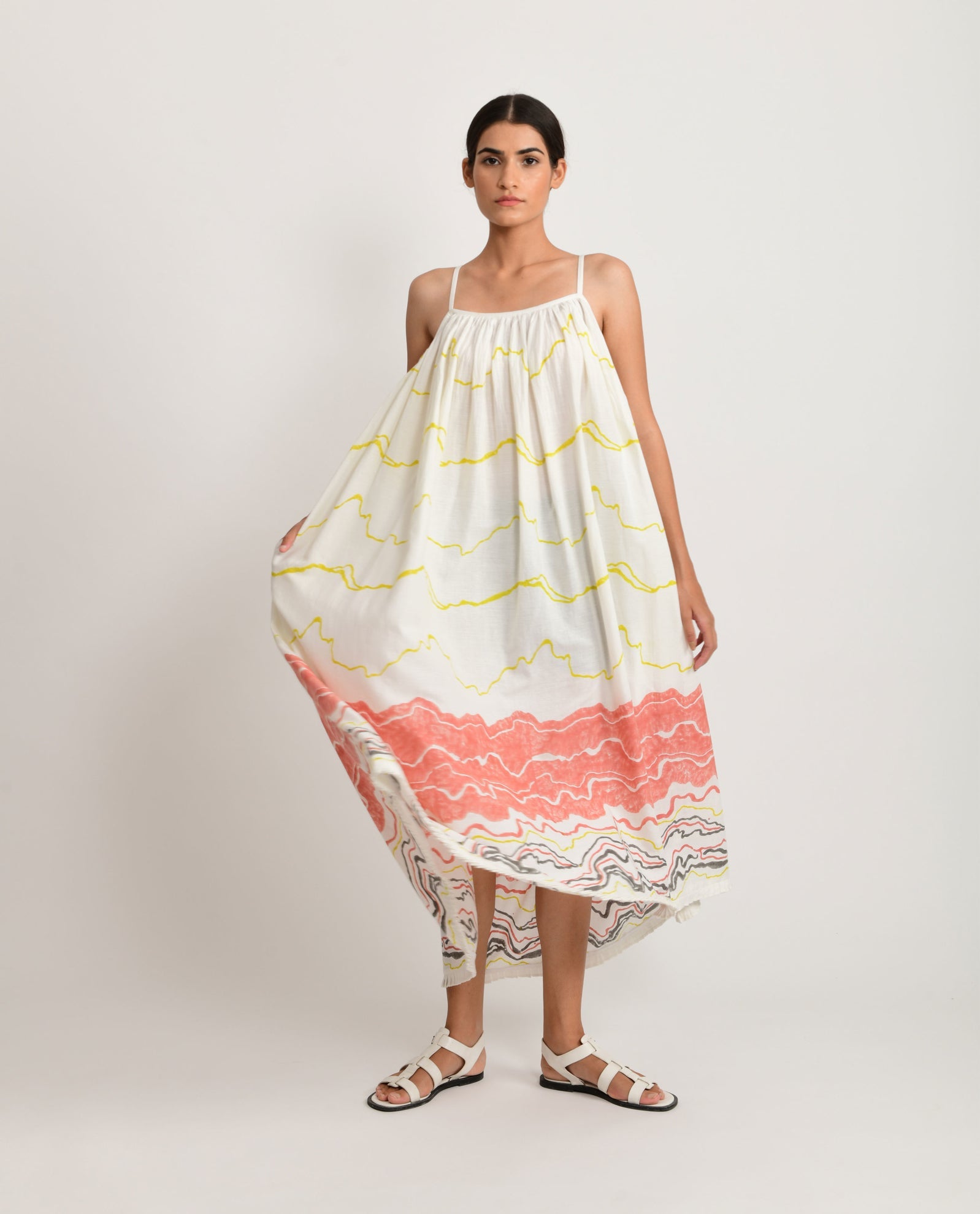Salmon Gathered Midi Dress - CiceroniRias Jaipur