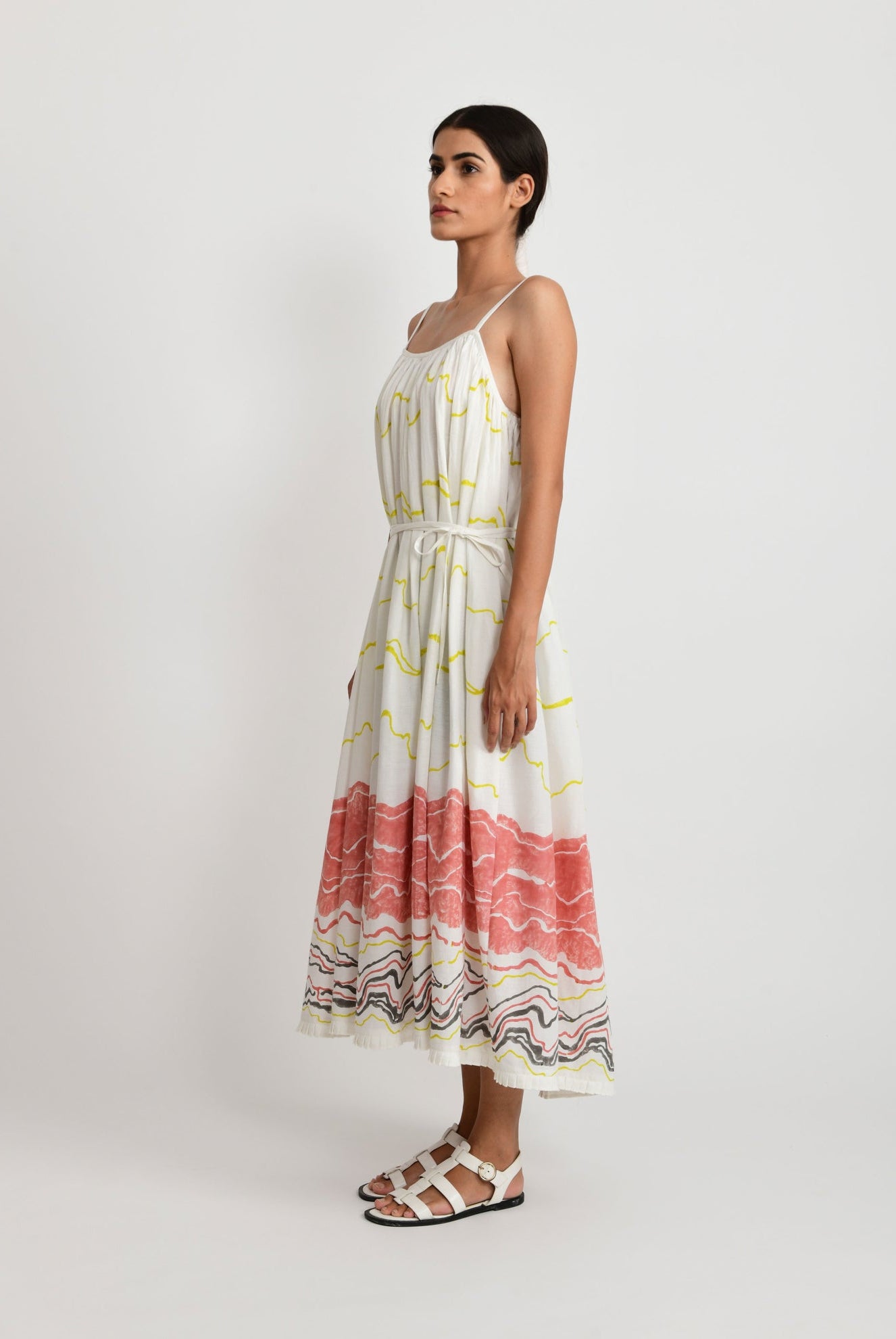Salmon Gathered Midi Dress - CiceroniRias Jaipur