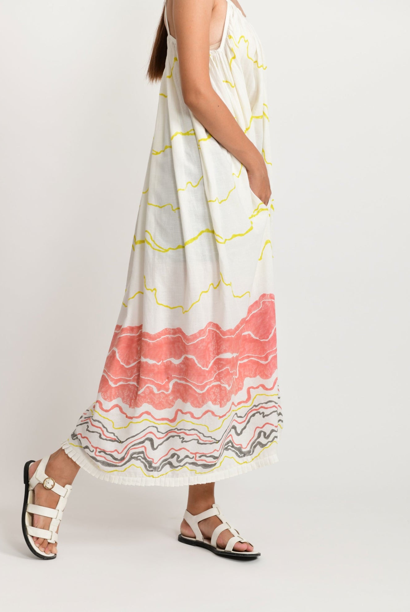 Salmon Gathered Midi Dress - CiceroniRias Jaipur