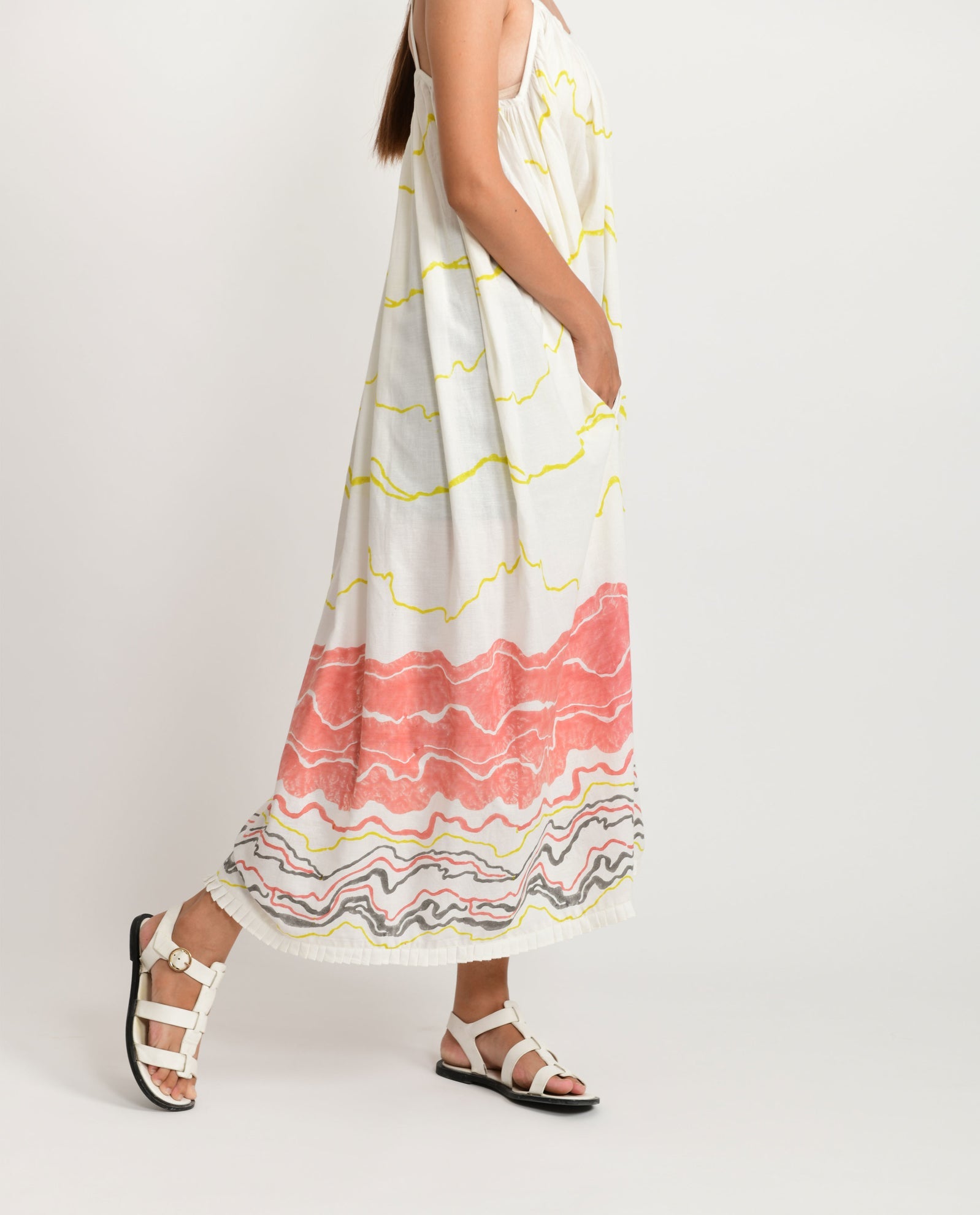 Salmon Gathered Midi Dress - CiceroniRias Jaipur