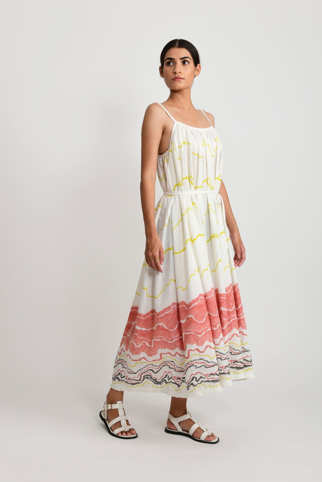 Salmon Gathered Midi Dress - CiceroniRias Jaipur