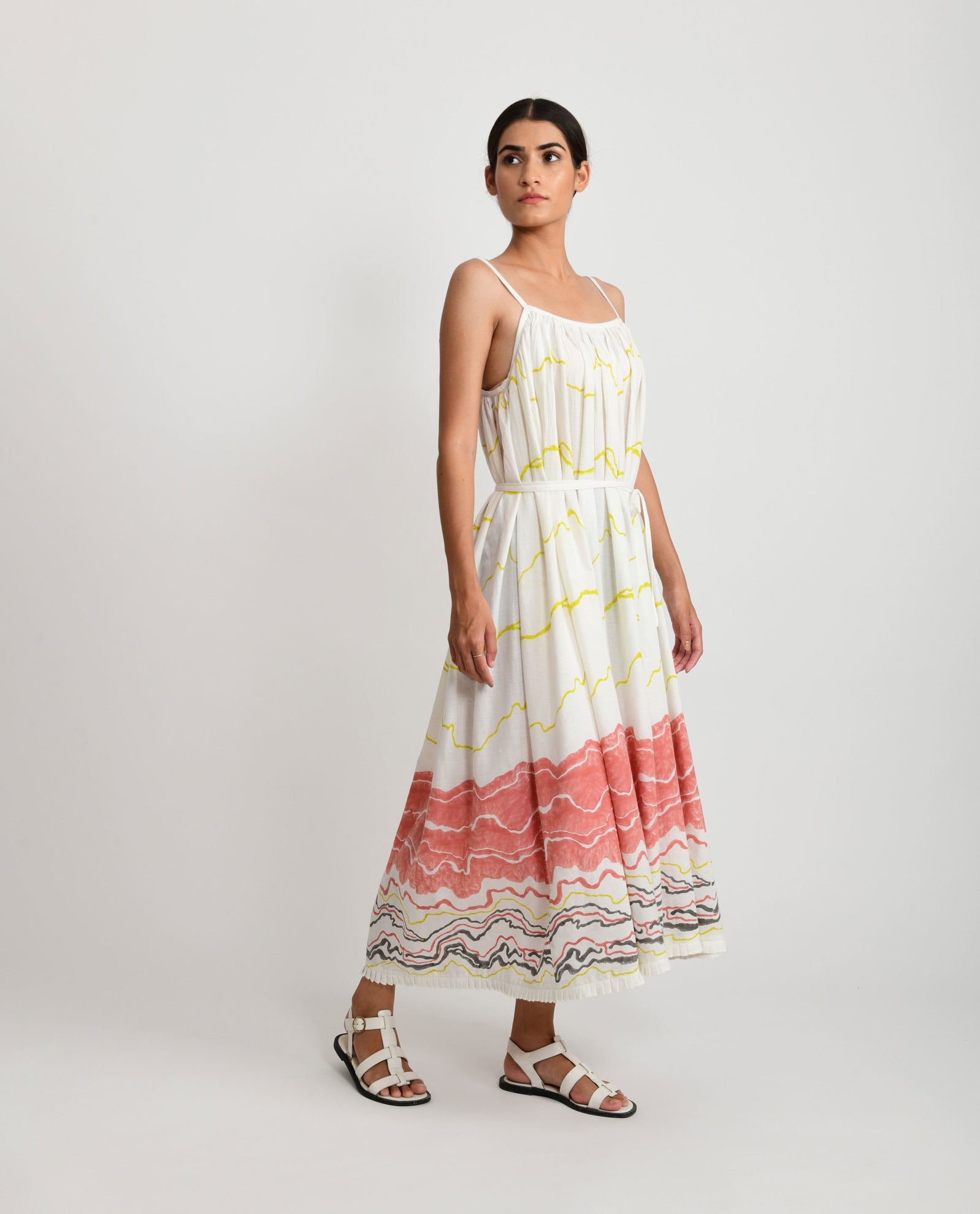 Salmon Gathered Midi Dress - CiceroniRias Jaipur