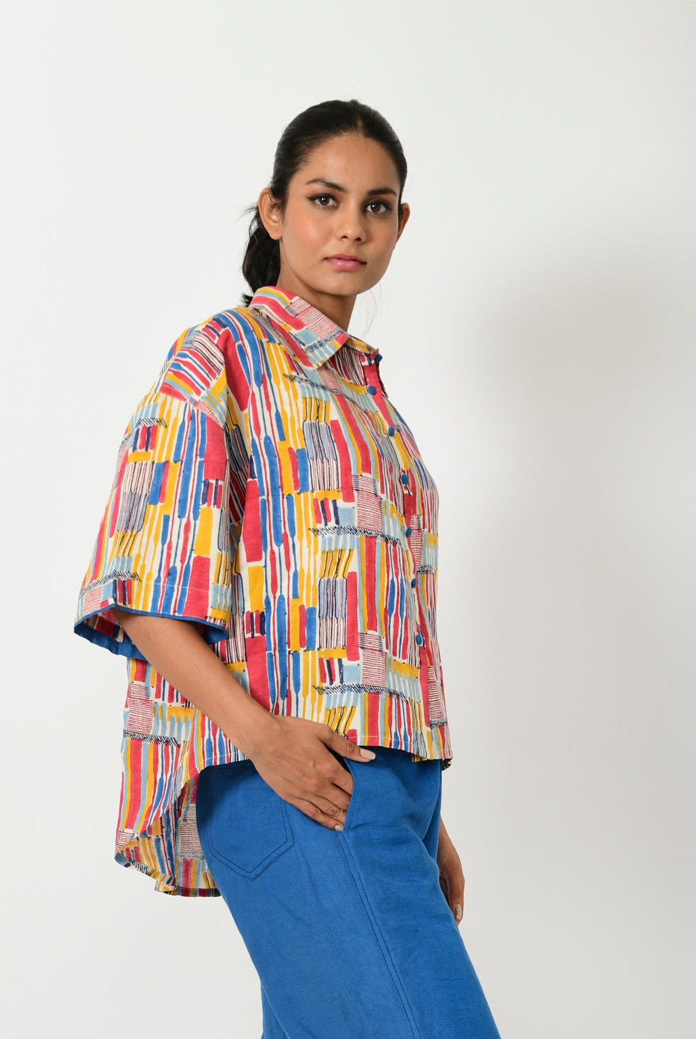 Scribble Hand Block Linen Crop Shirt - CiceroniShirtRias Jaipur