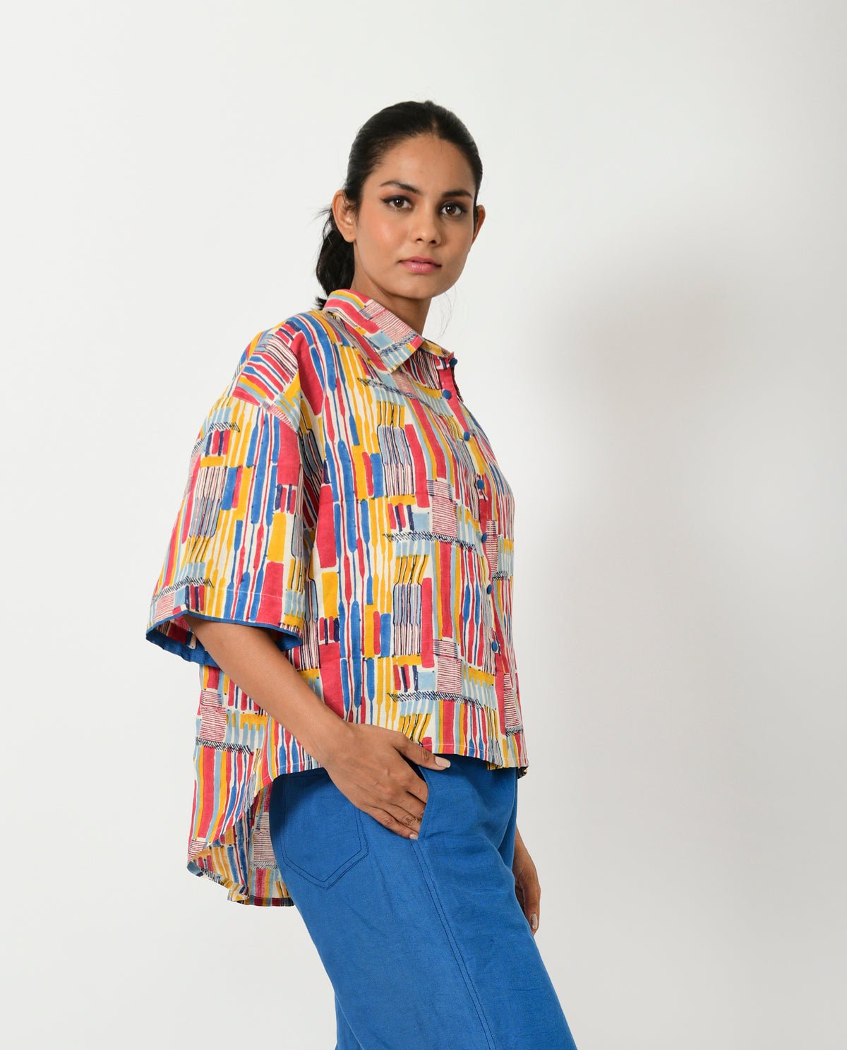 Scribble Hand Block Linen Crop Shirt - CiceroniShirtRias Jaipur