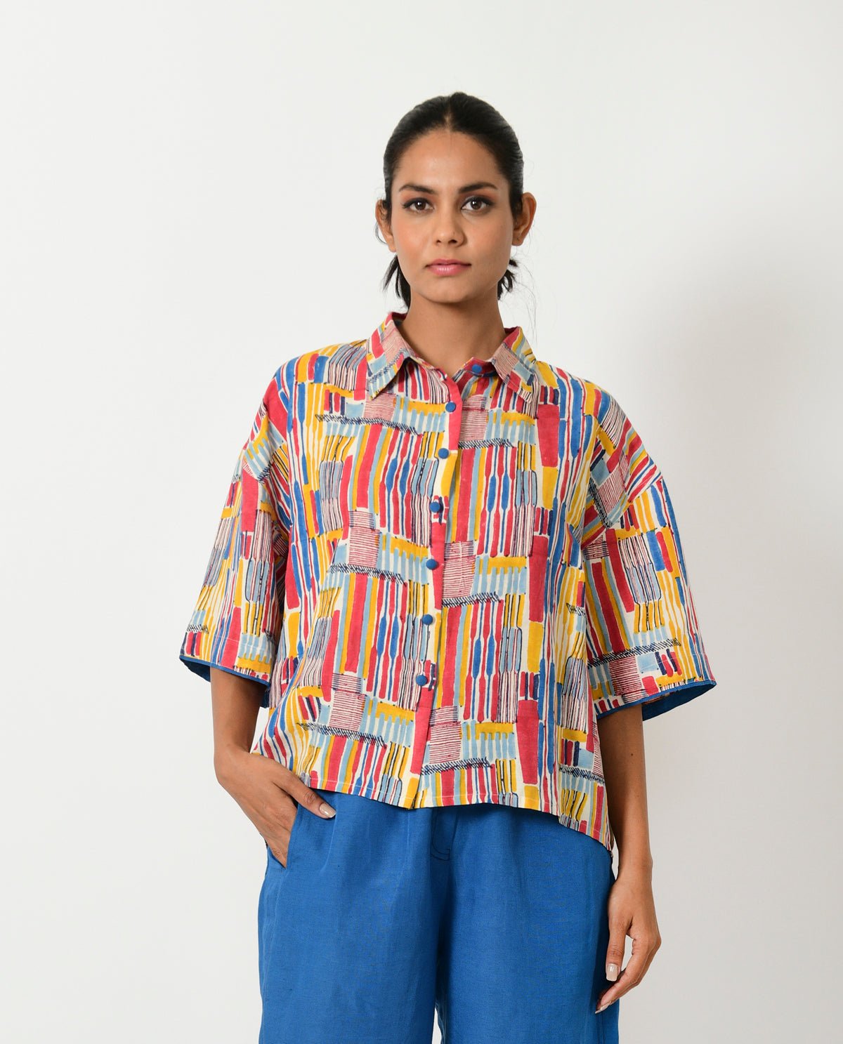 Scribble Hand Block Linen Crop Shirt - CiceroniShirtRias Jaipur