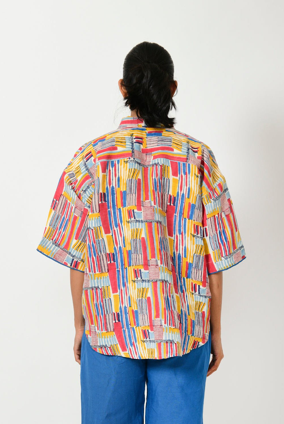 Scribble Hand Block Linen Crop Shirt - CiceroniShirtRias Jaipur