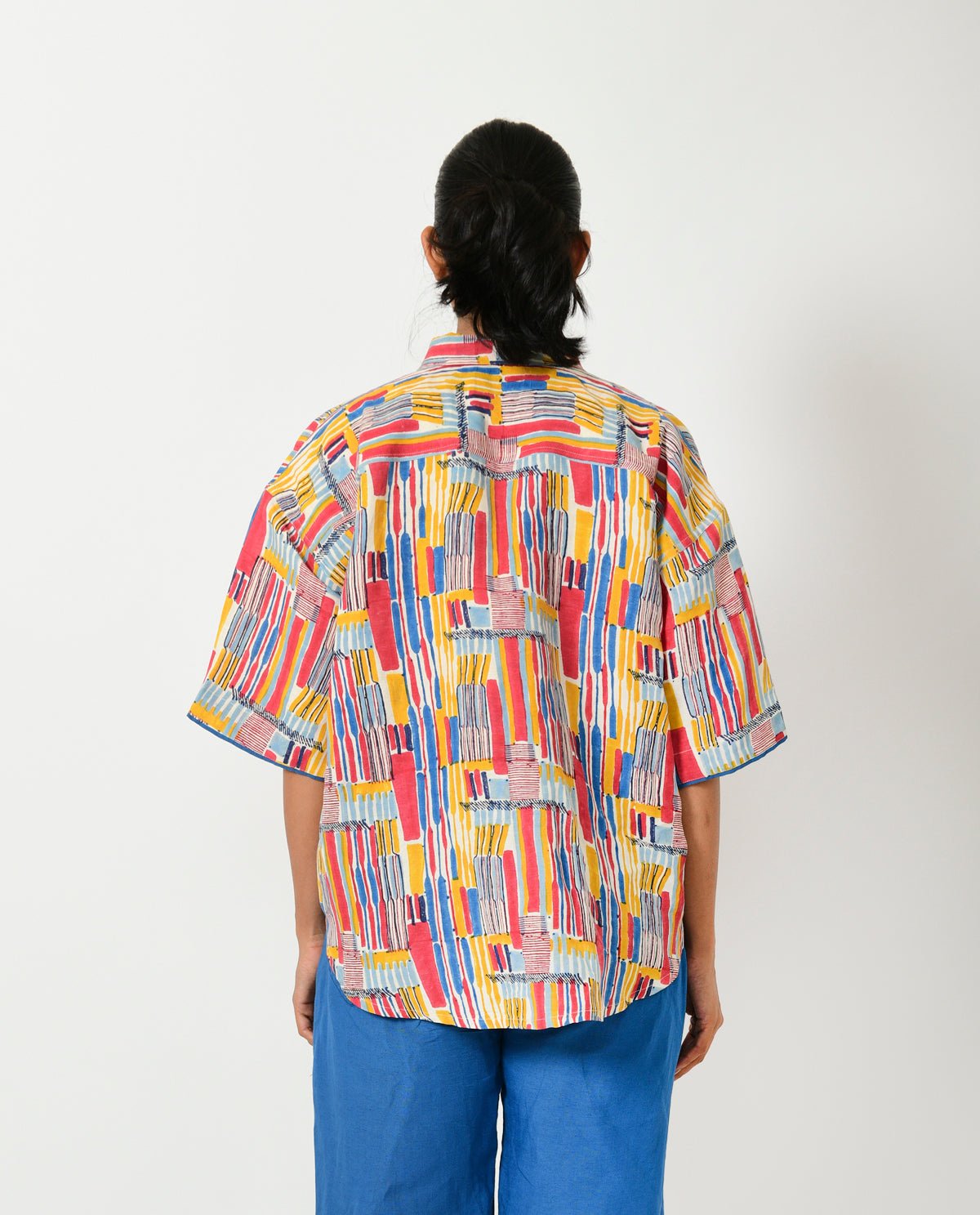 Scribble Hand Block Linen Crop Shirt - CiceroniShirtRias Jaipur