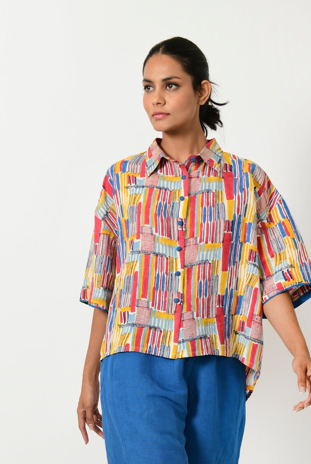 Scribble Hand Block Linen Crop Shirt - CiceroniShirtRias Jaipur