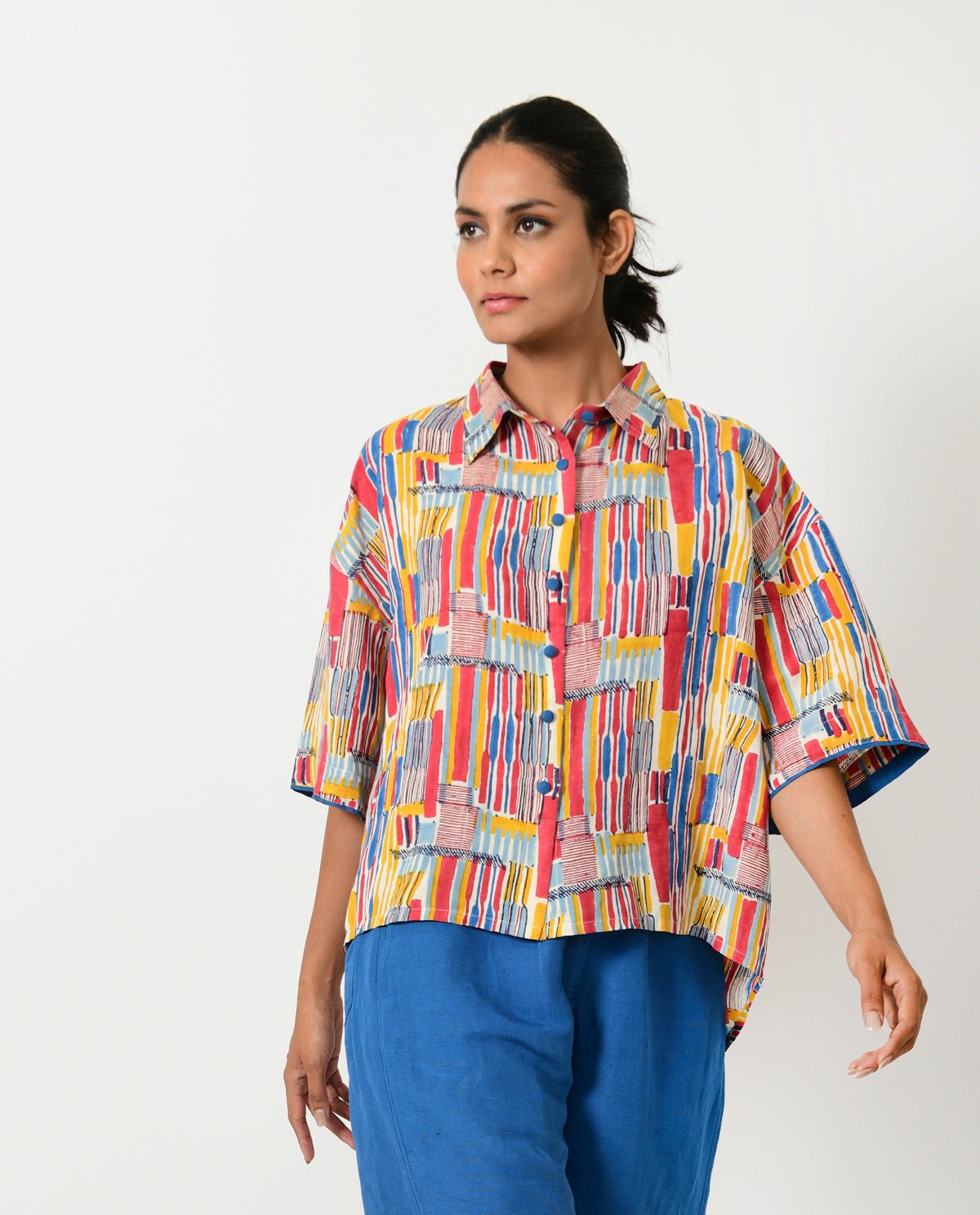 Scribble Hand Block Linen Crop Shirt - CiceroniShirtRias Jaipur