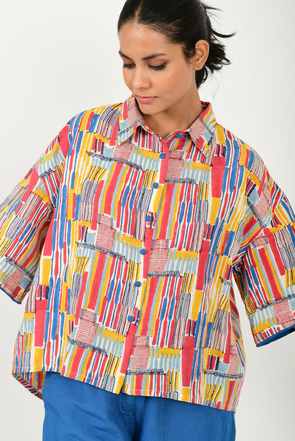 Scribble Hand Block Linen Crop Shirt - CiceroniShirtRias Jaipur