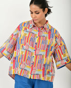 Scribble Hand Block Linen Crop Shirt - CiceroniShirtRias Jaipur
