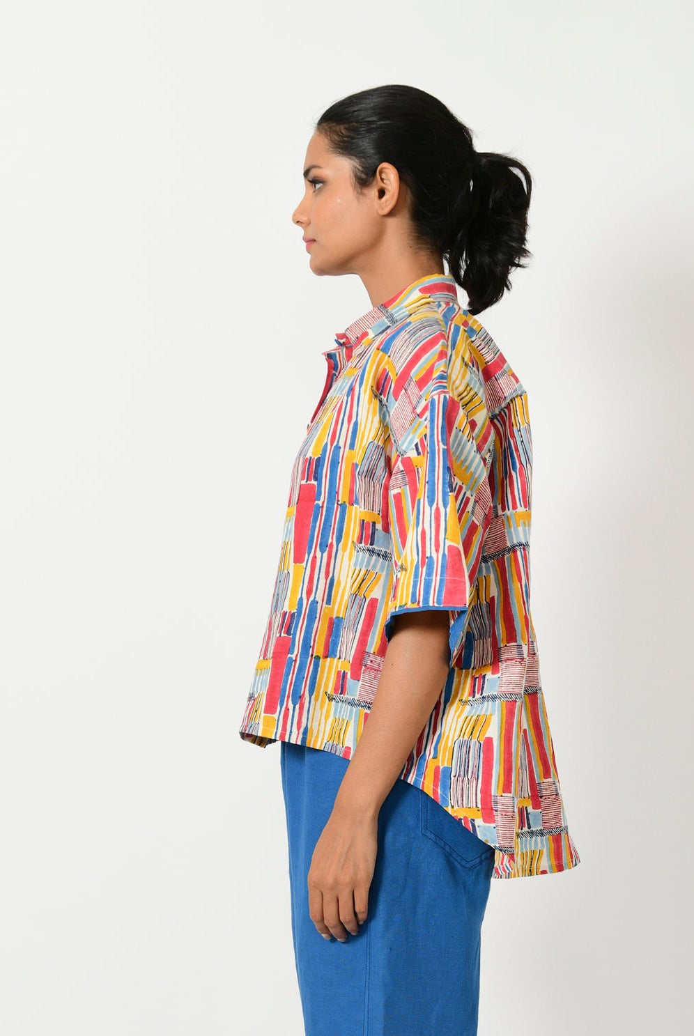 Scribble Hand Block Linen Crop Shirt - CiceroniShirtRias Jaipur