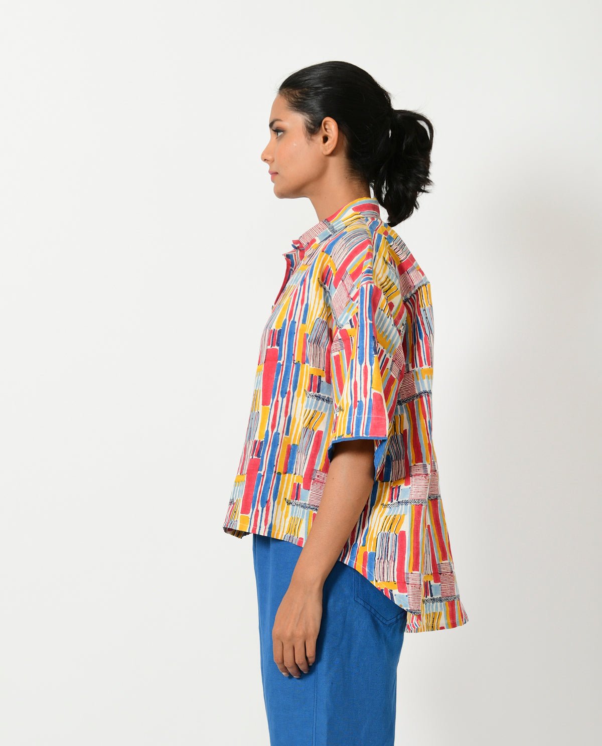 Scribble Hand Block Linen Crop Shirt - CiceroniShirtRias Jaipur