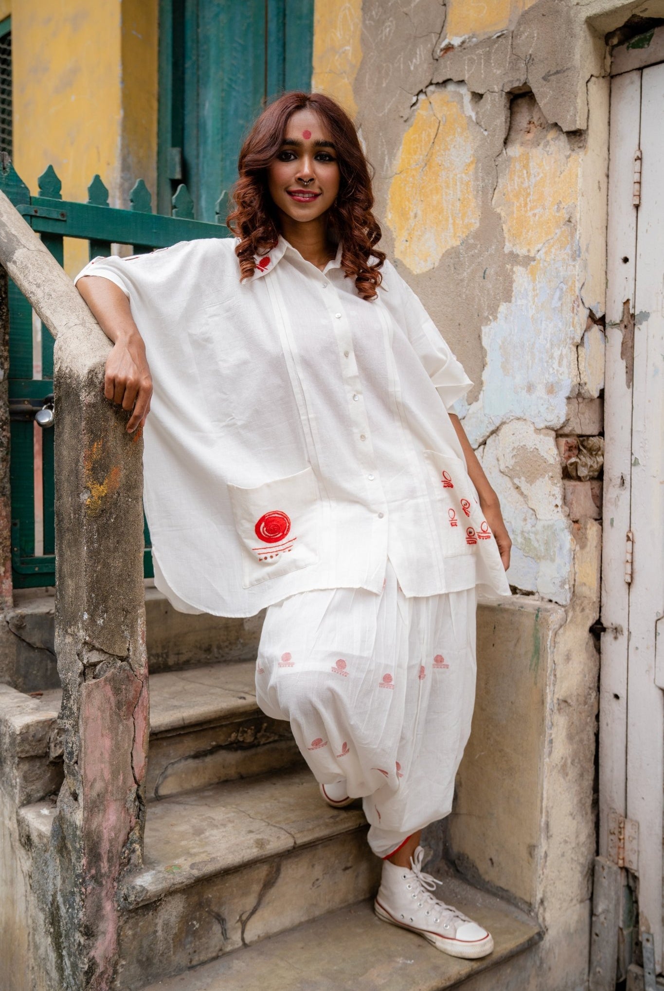 Shvet Jamdani Kaftan and White Dhoti Set - CiceroniCo-ord SetPrathaa