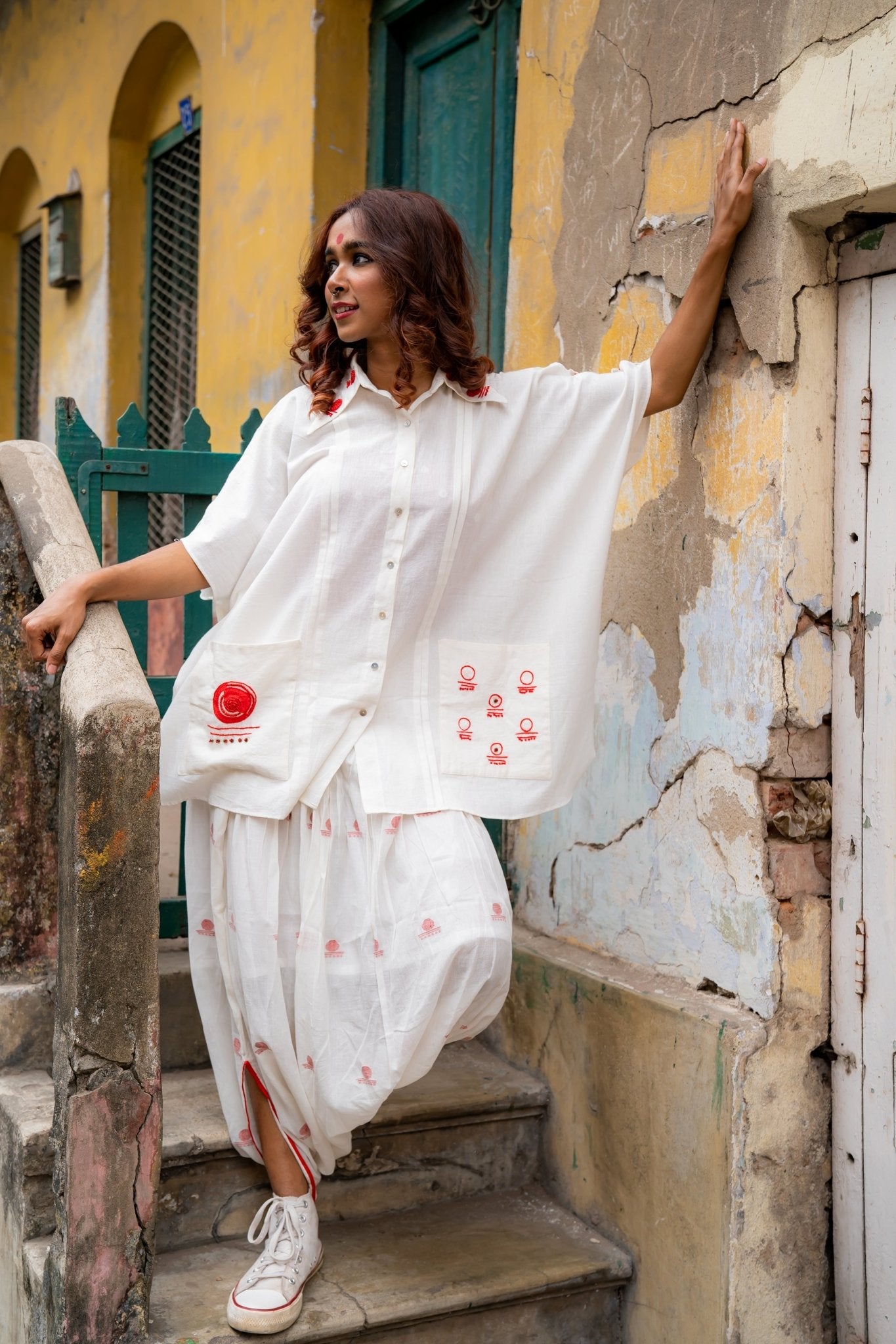 Shvet Jamdani Kaftan and White Dhoti Set - CiceroniCo-ord SetPrathaa
