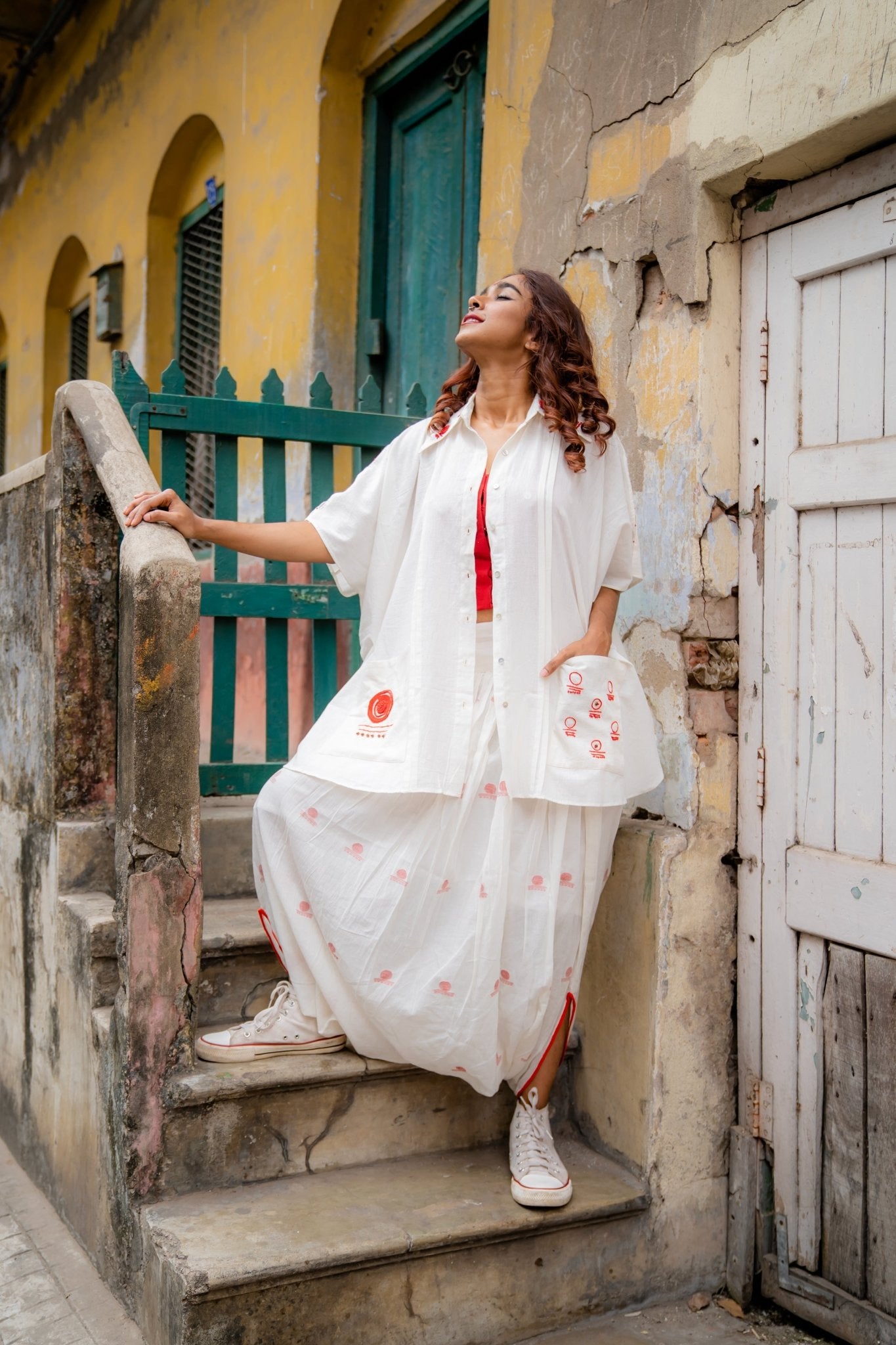 Shvet Jamdani Kaftan and White Dhoti Set - CiceroniCo-ord SetPrathaa