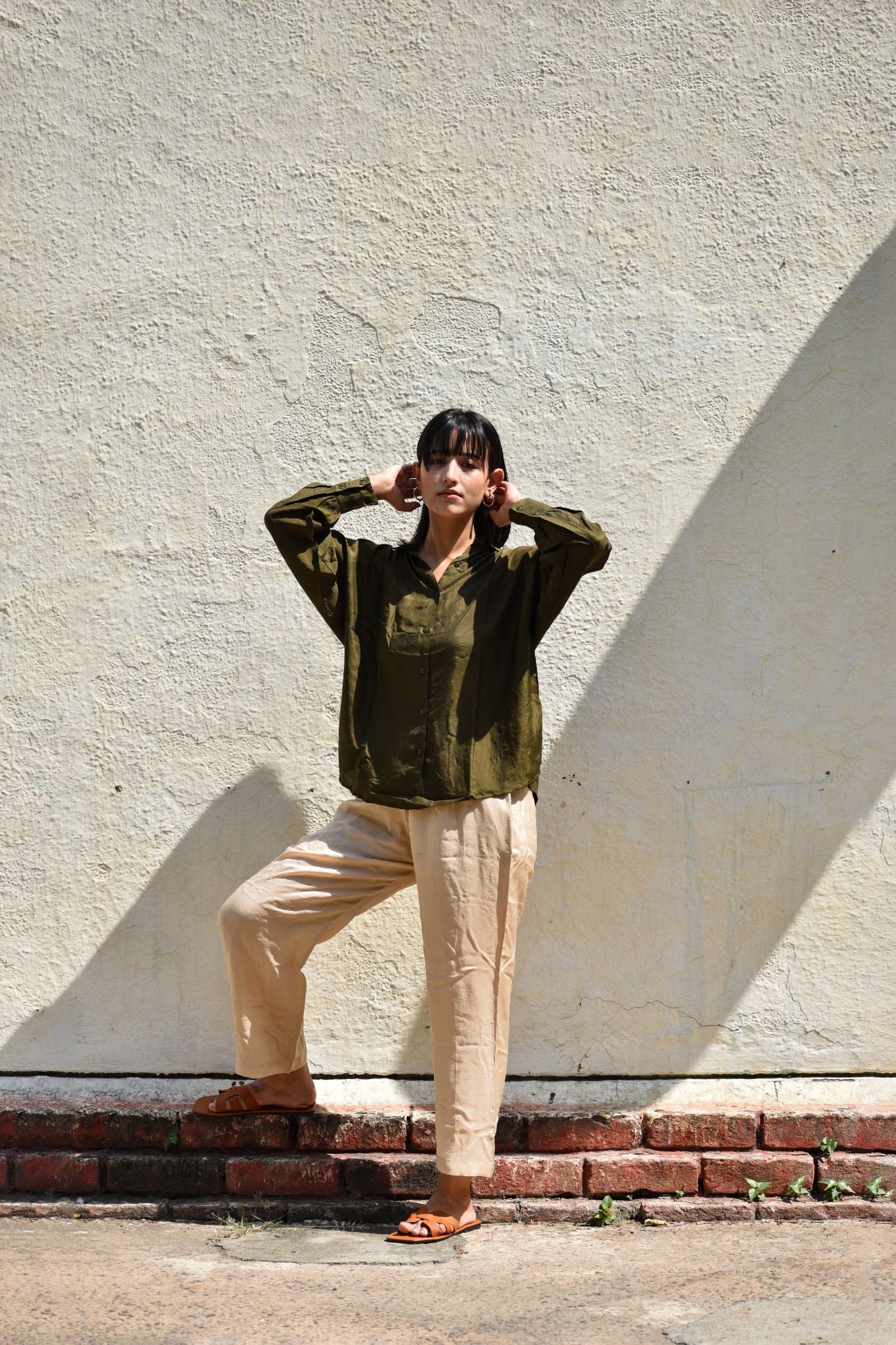 Silk Oversized Shirt-Olive - CiceroniShirtwith N.