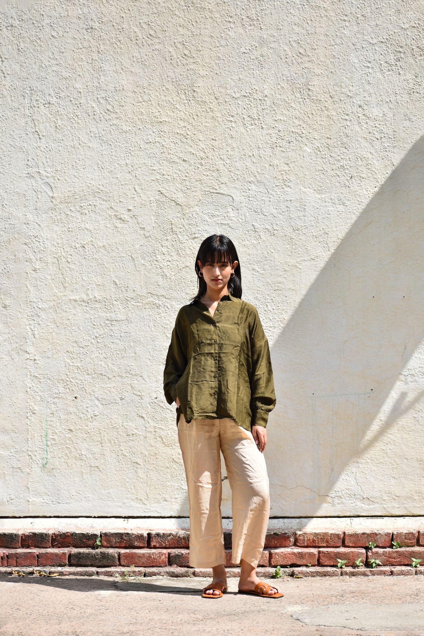 Silk Oversized Shirt-Olive - CiceroniShirtwith N.