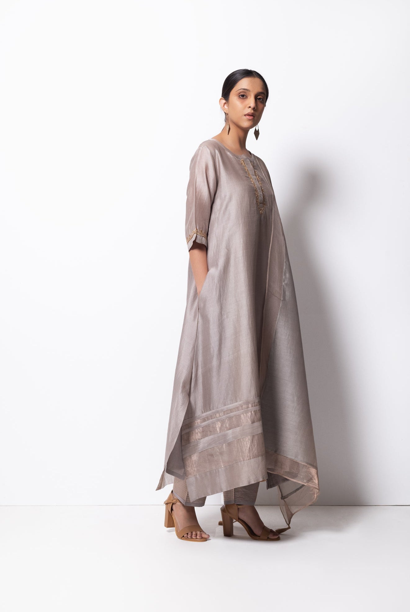 Silver Grey Chanderi Silk Kurta Set with Dupatta - CiceroniBhavik Shah