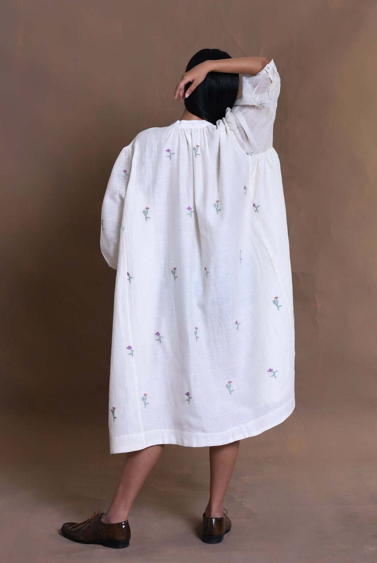 Simone Jamdani Gather Shirt- Cream - CiceroniShirt, DressHiranya