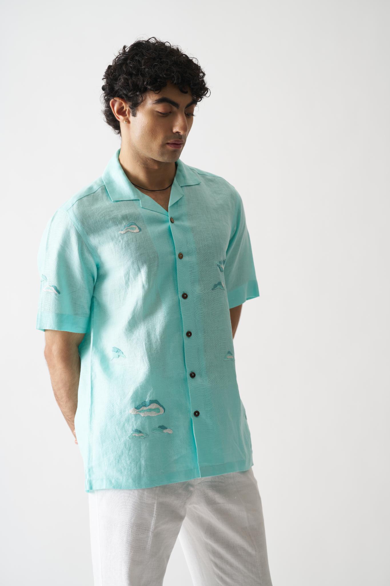 Sky Is The Limit - Mens Hand Embroidered Pure Linen Shirt - CiceroniShirtsCultura Studio