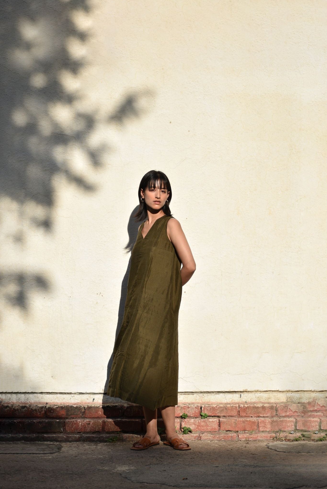 Sleeveless Silk Dress-Olive - CiceroniDresseswith N.