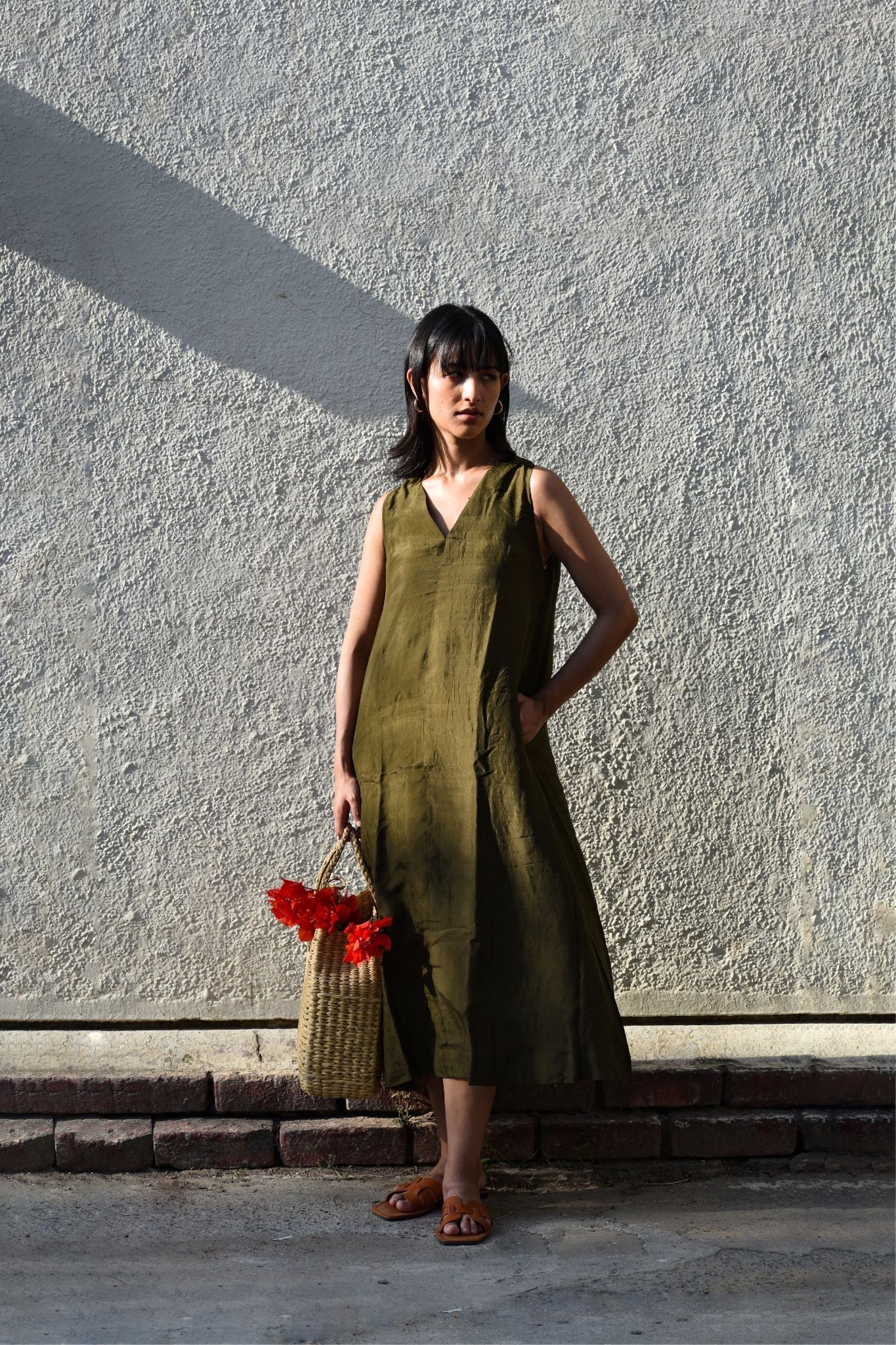 Sleeveless Silk Dress-Olive - CiceroniDresseswith N.