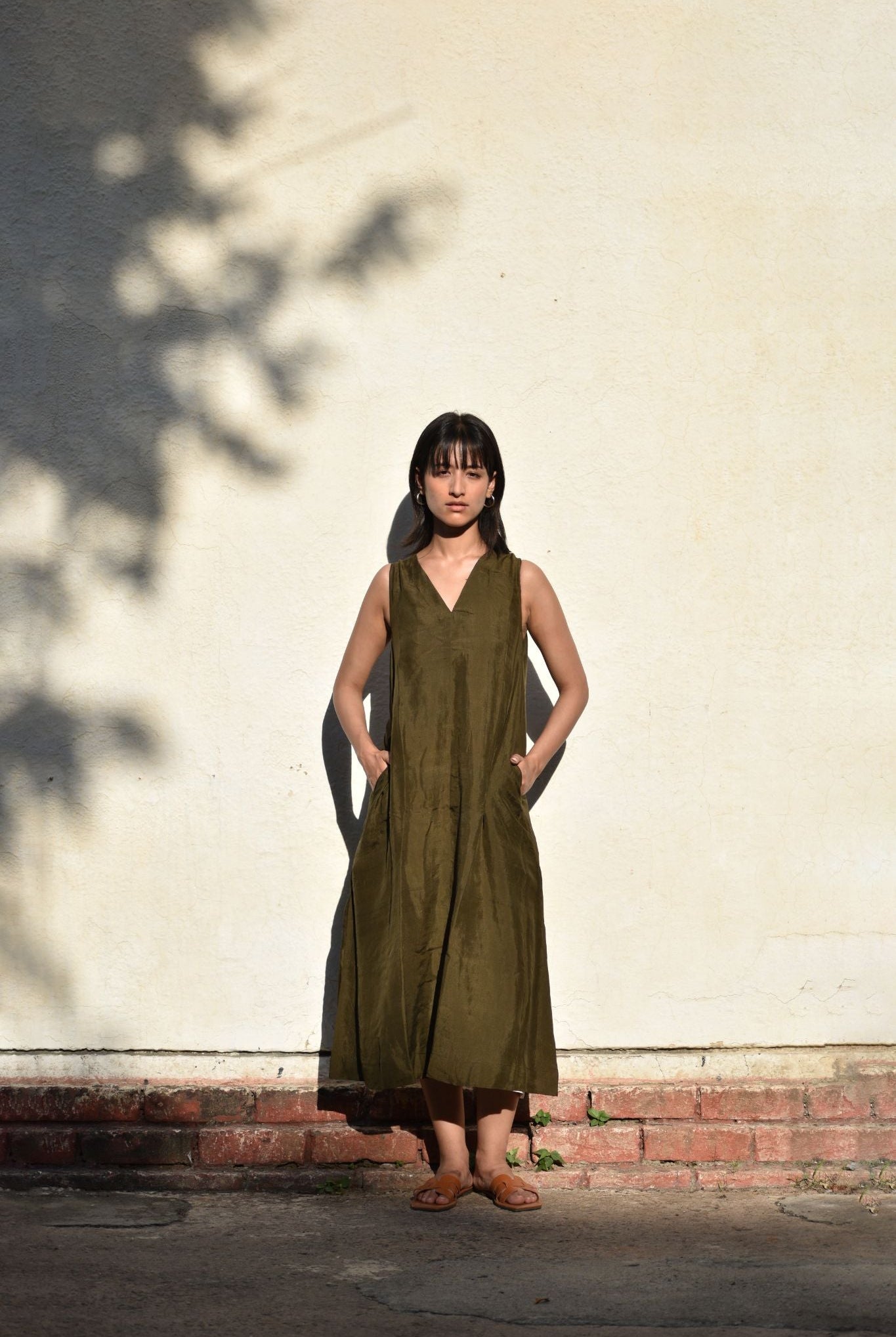 Sleeveless Silk Dress-Olive - CiceroniDresseswith N.