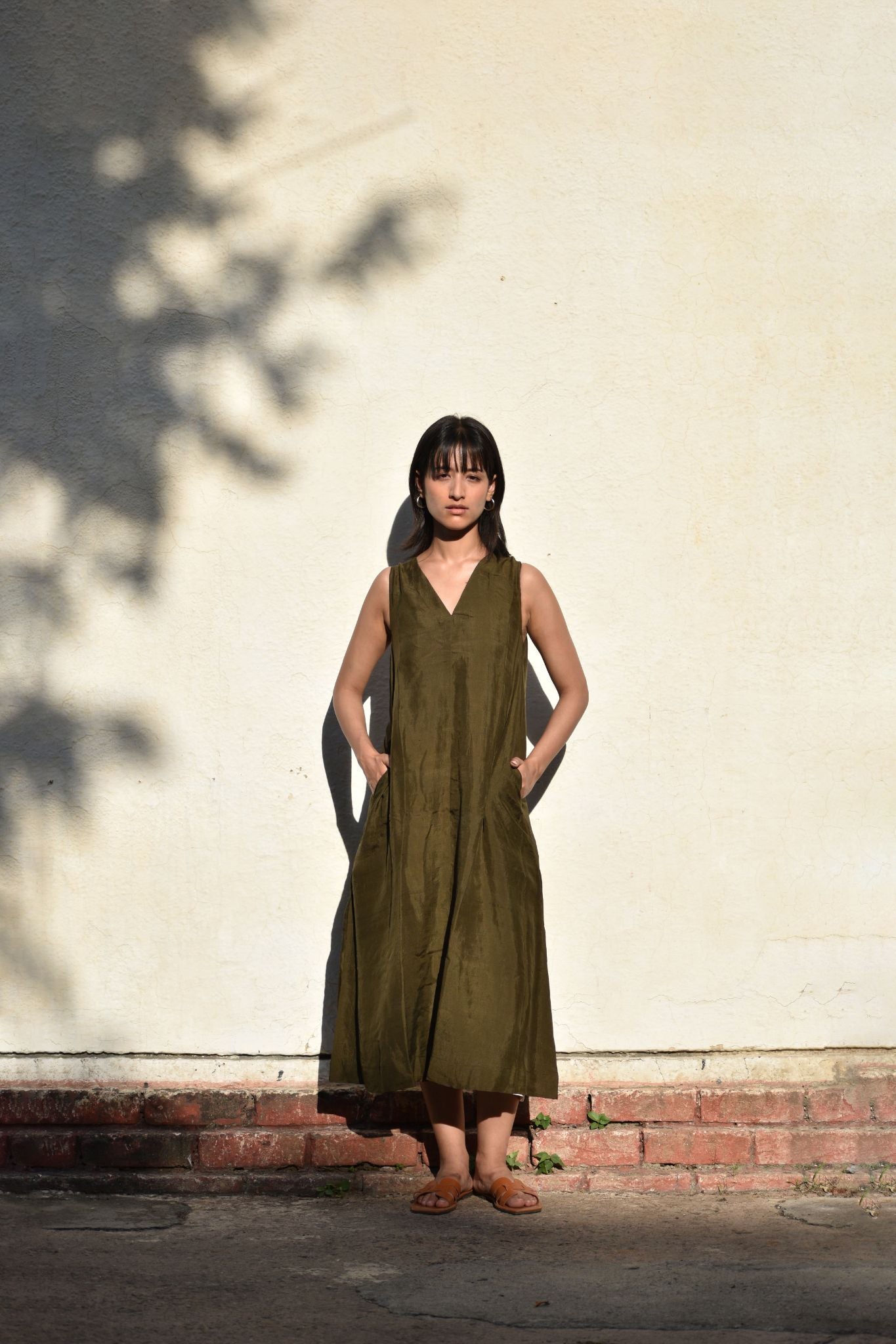 Sleeveless Silk Dress-Olive - CiceroniDresseswith N.