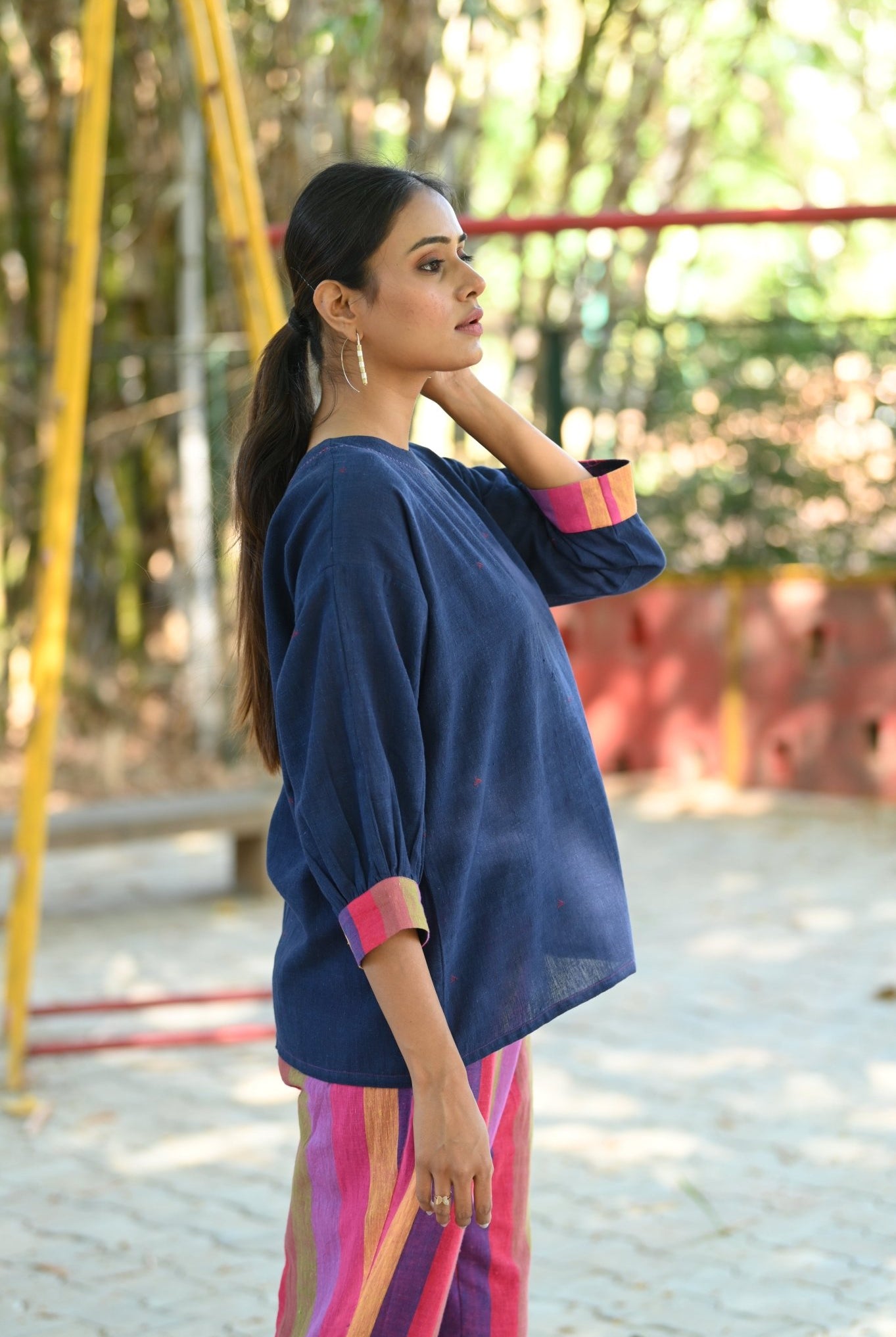 Square Cut with Cuff Sleeve Top - Blue - CiceroniTopsRang by Rajvi