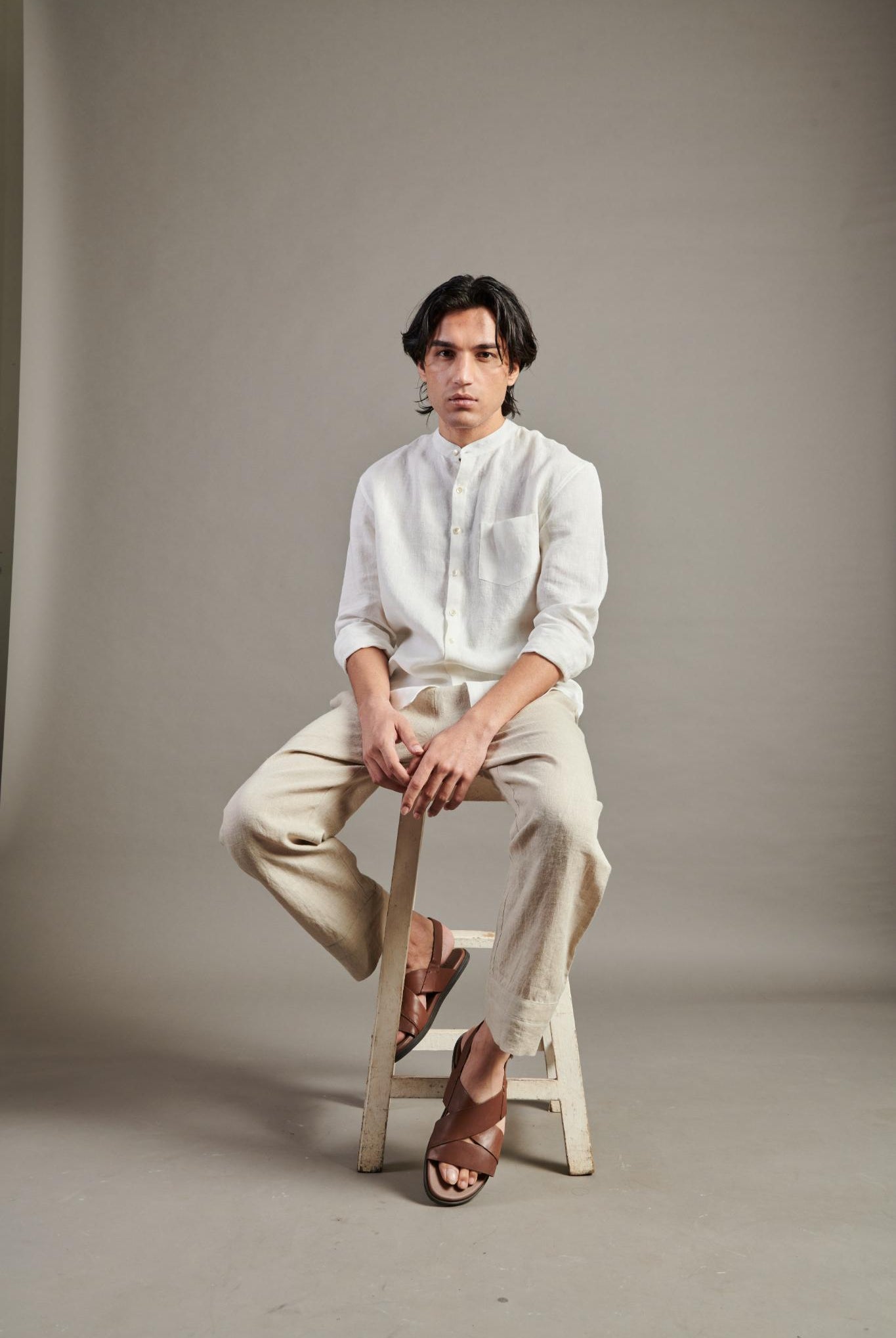 Taj Linen Band Collar Shirt - CiceroniShirtsSaphed