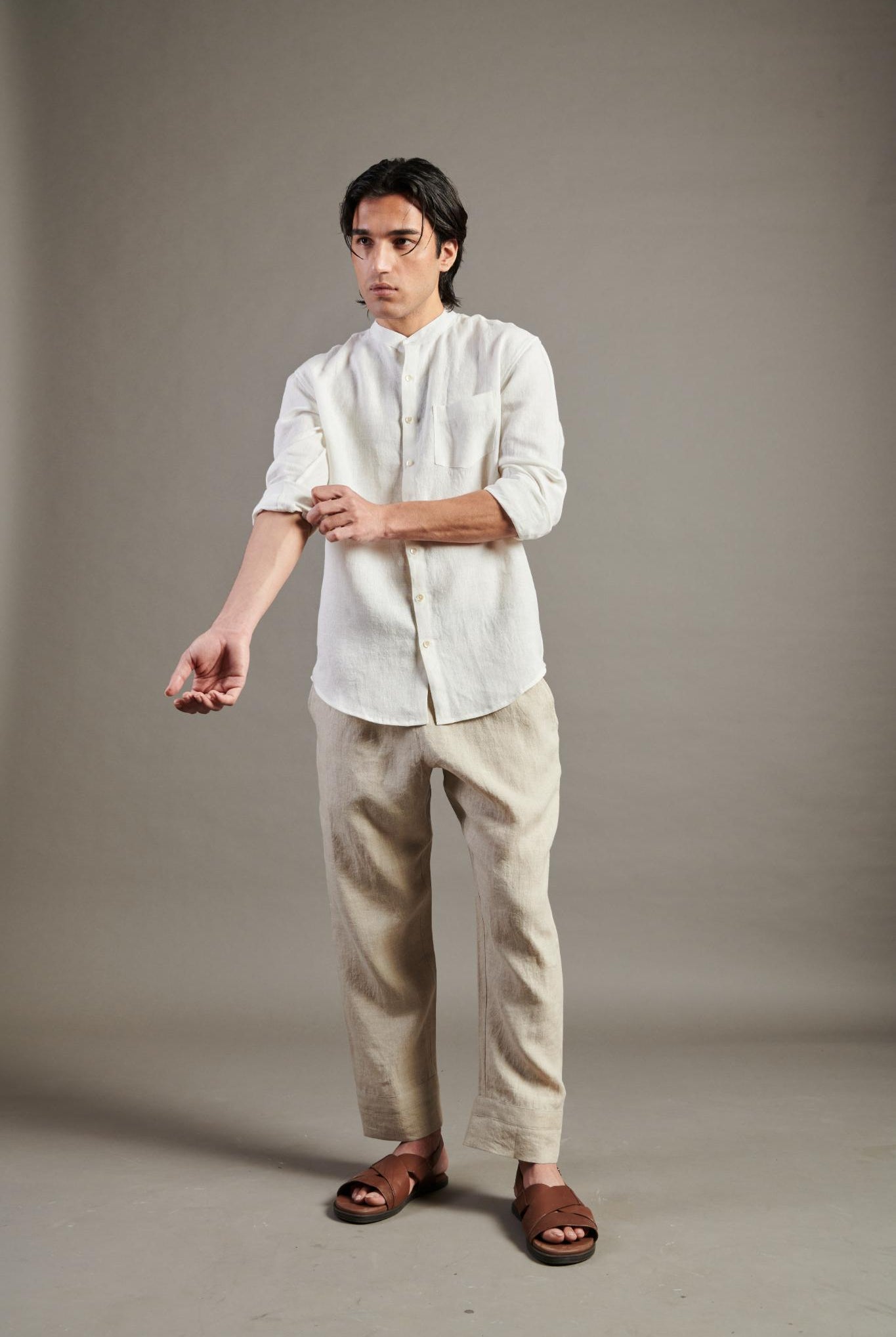 Taj Linen Band Collar Shirt - CiceroniShirtsSaphed